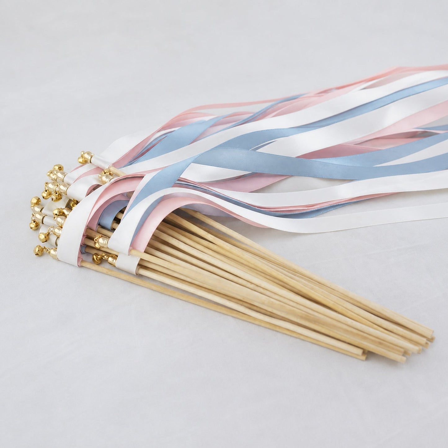Handmade Something Blue Blush Wedding Ribbon Wands with Bell - White, Dusty Blue and Light Pink