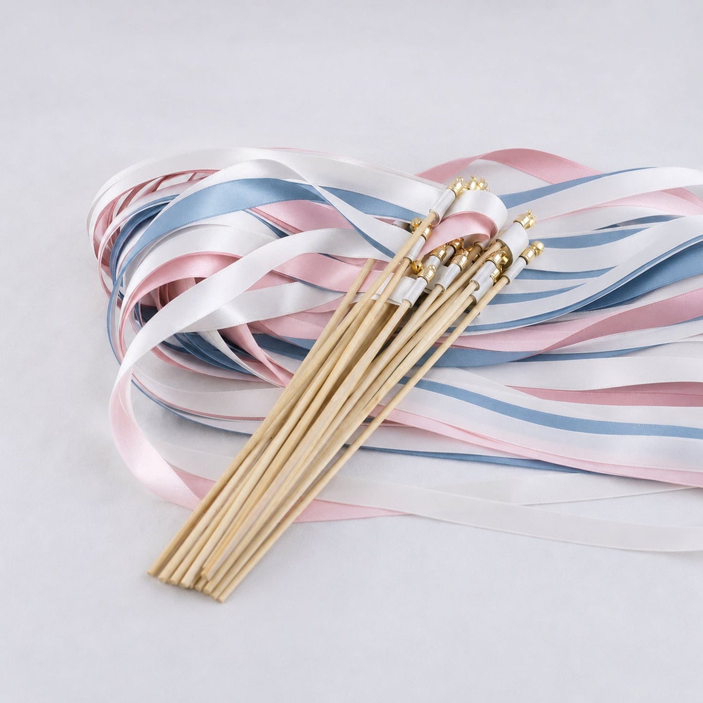Handmade Something Blue Blush Wedding Ribbon Wands with Bell - White, Dusty Blue and Light Pink