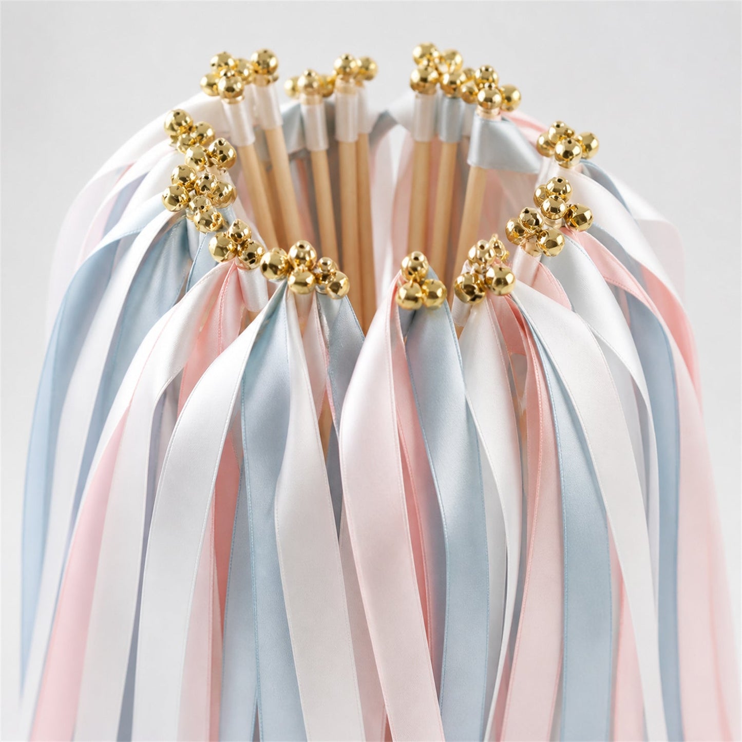 Handmade Something Blue Blush Wedding Ribbon Wands with Bell - White, Dusty Blue and Light Pink