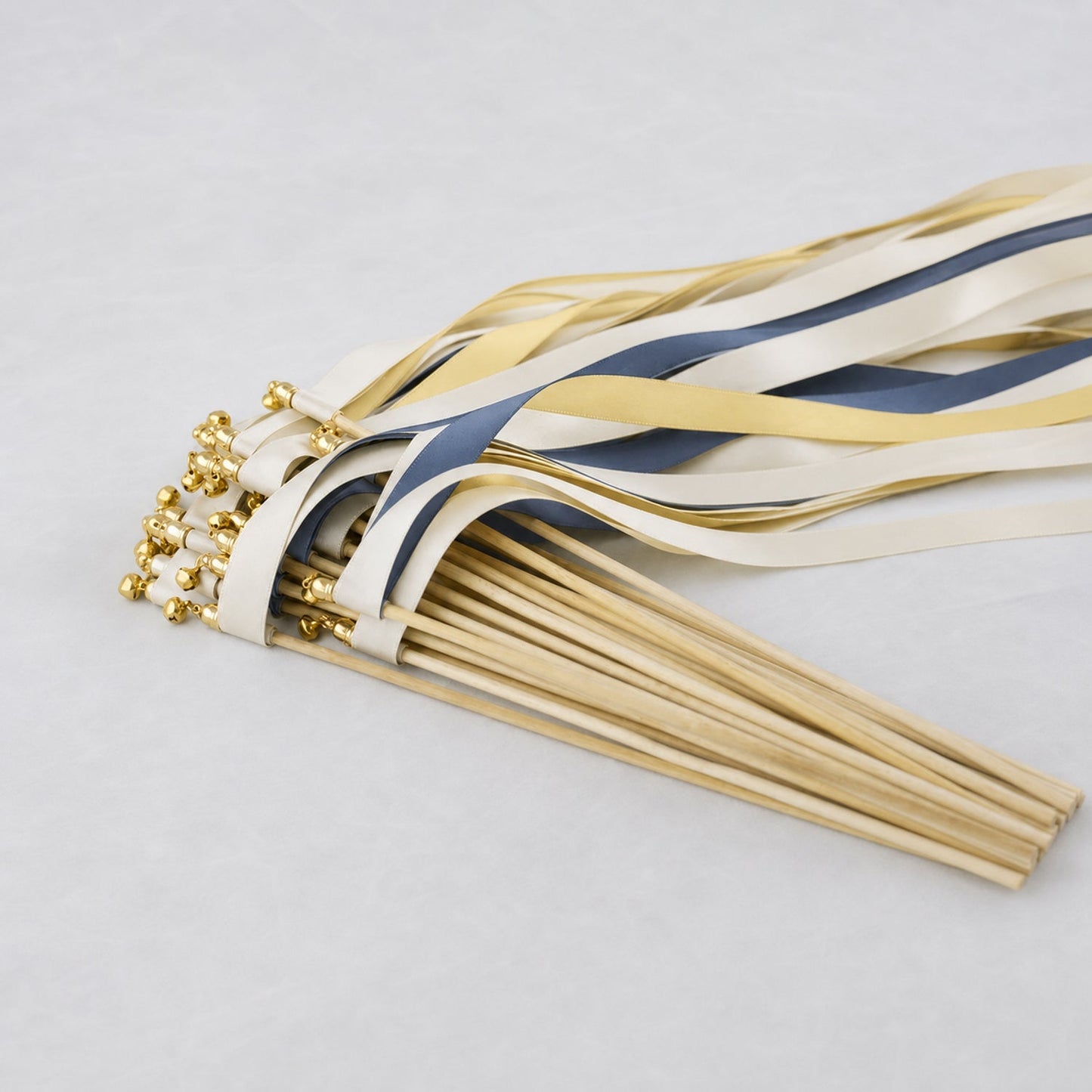 Handmade Cream, Light Navy and Baby Maize Wedding Ribbon Wands with Bell - Harbor Sunshine