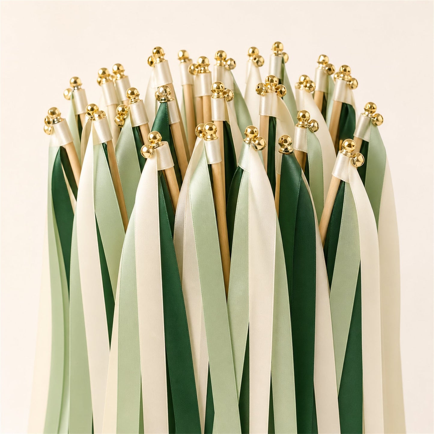 Handmade Ivory, Celadon and Hunter Wedding Ribbon Wands with Bell - Woodland Botanical