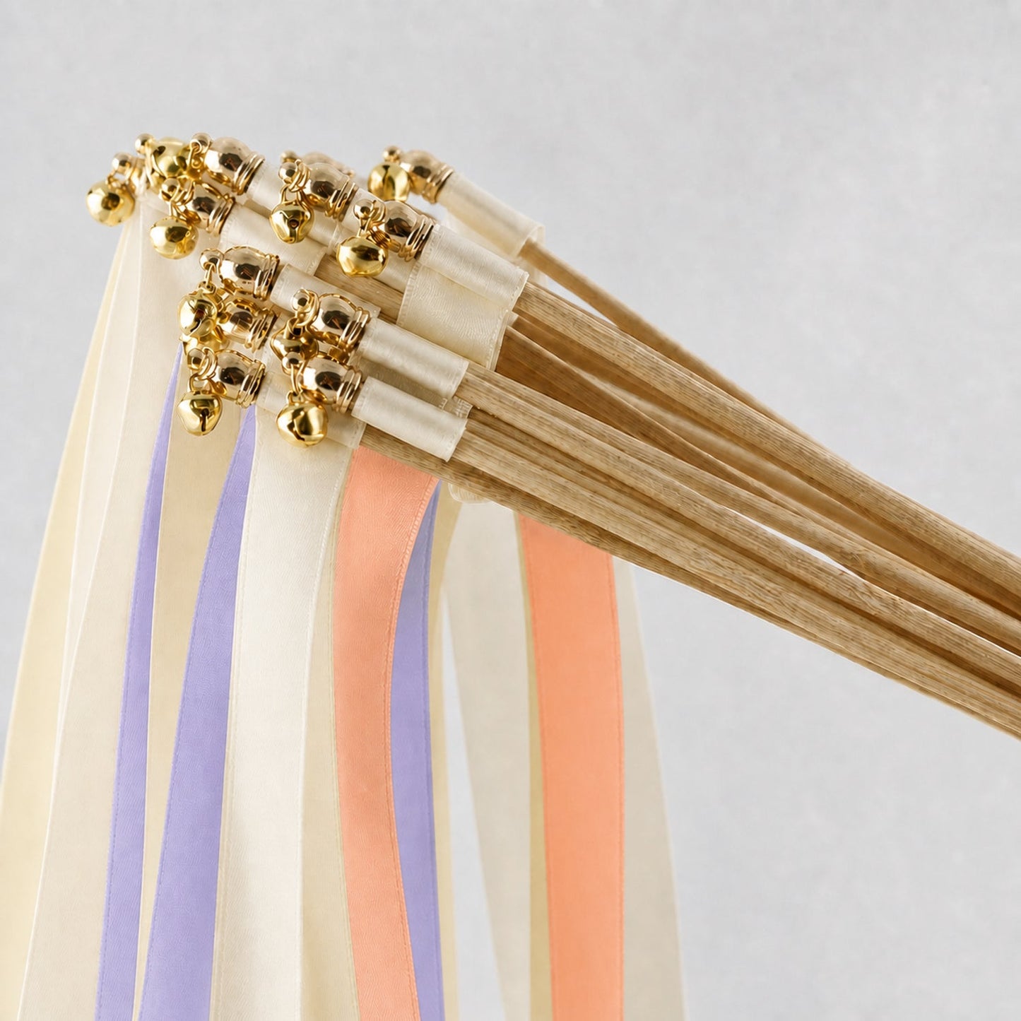 Handmade Lilac Peach Wedding Ribbon Wands with Bell - Ivory, Lilac and Peach Satin Ribbons