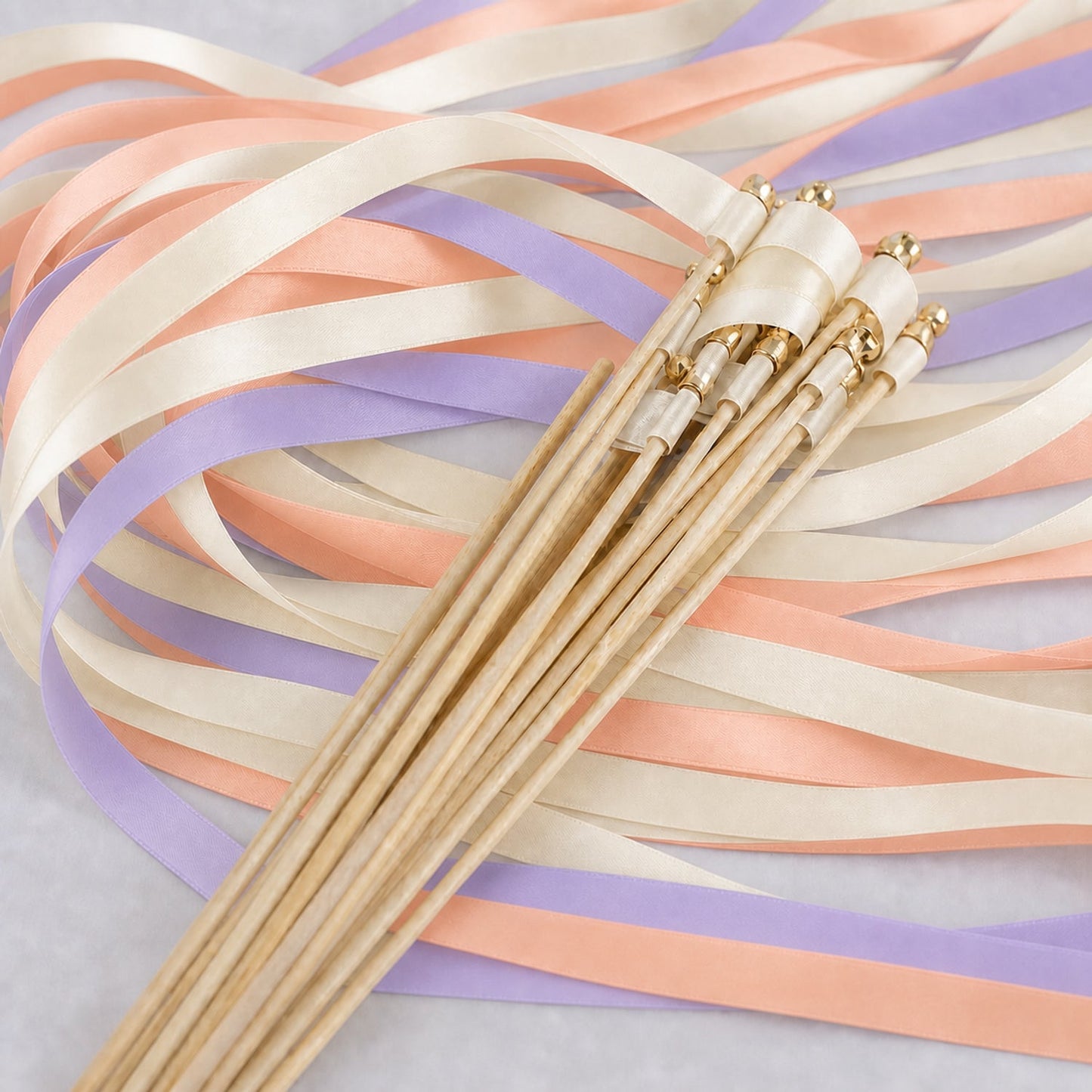 Handmade Lilac Peach Wedding Ribbon Wands with Bell - Ivory, Lilac and Peach Satin Ribbons