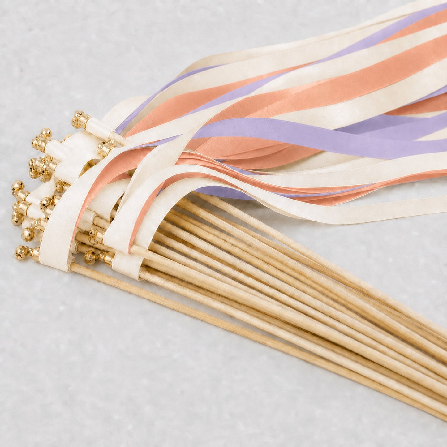 Handmade Lilac Peach Wedding Ribbon Wands with Bell - Ivory, Lilac and Peach Satin Ribbons