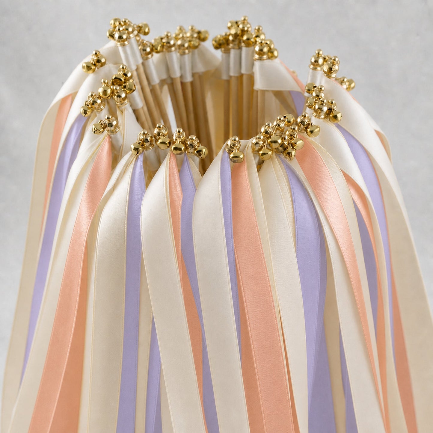 Handmade Lilac Peach Wedding Ribbon Wands with Bell - Ivory, Lilac and Peach Satin Ribbons