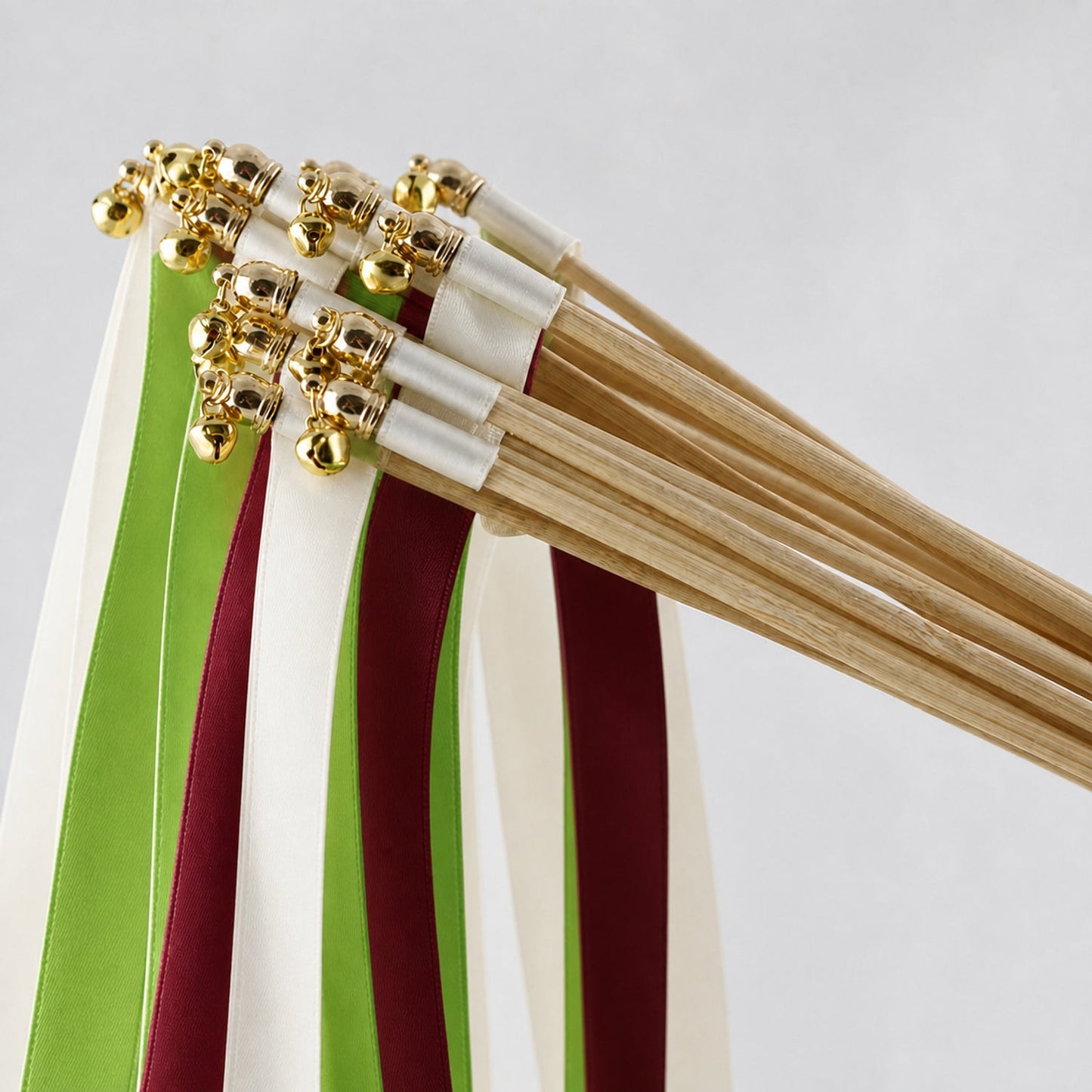 Handmade Editorial Wedding Ribbon Wands - Off White, Apple Green and Burgundy with Bell
