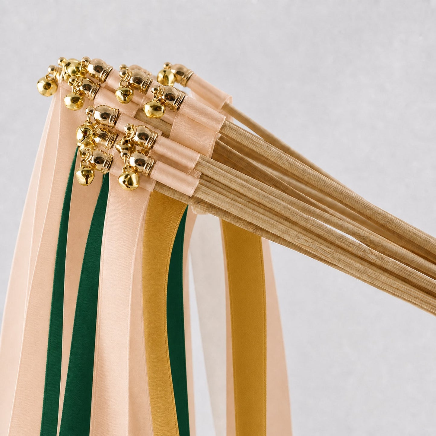Handmade Woodland Wedding Ribbon Wands with Bell - Nude, Hunter Green and Old Gold