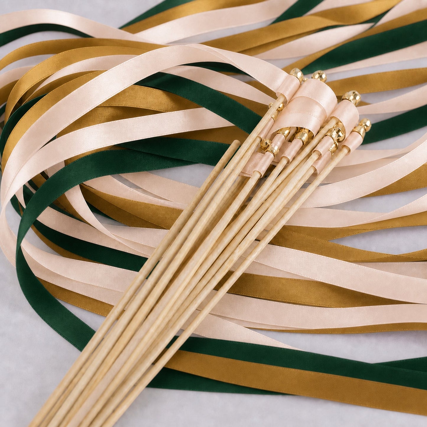 Handmade Woodland Wedding Ribbon Wands with Bell - Nude, Hunter Green and Old Gold