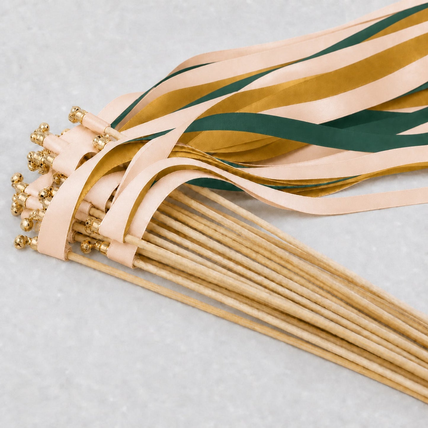 Handmade Woodland Wedding Ribbon Wands with Bell - Nude, Hunter Green and Old Gold