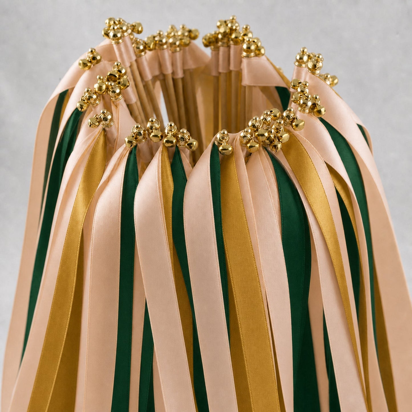 Handmade Woodland Wedding Ribbon Wands with Bell - Nude, Hunter Green and Old Gold