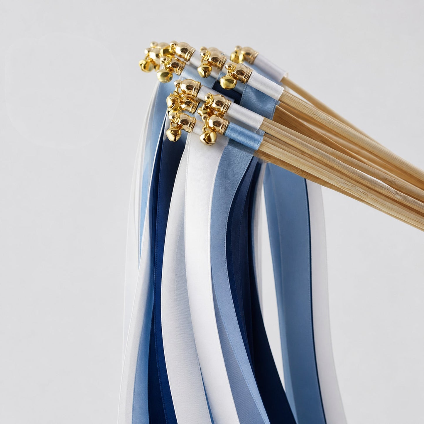 Handmade Classic Blue Estate Wedding Ribbon Wands - White, Dusty Blue and Light Navy Triple Ribbon with Bell