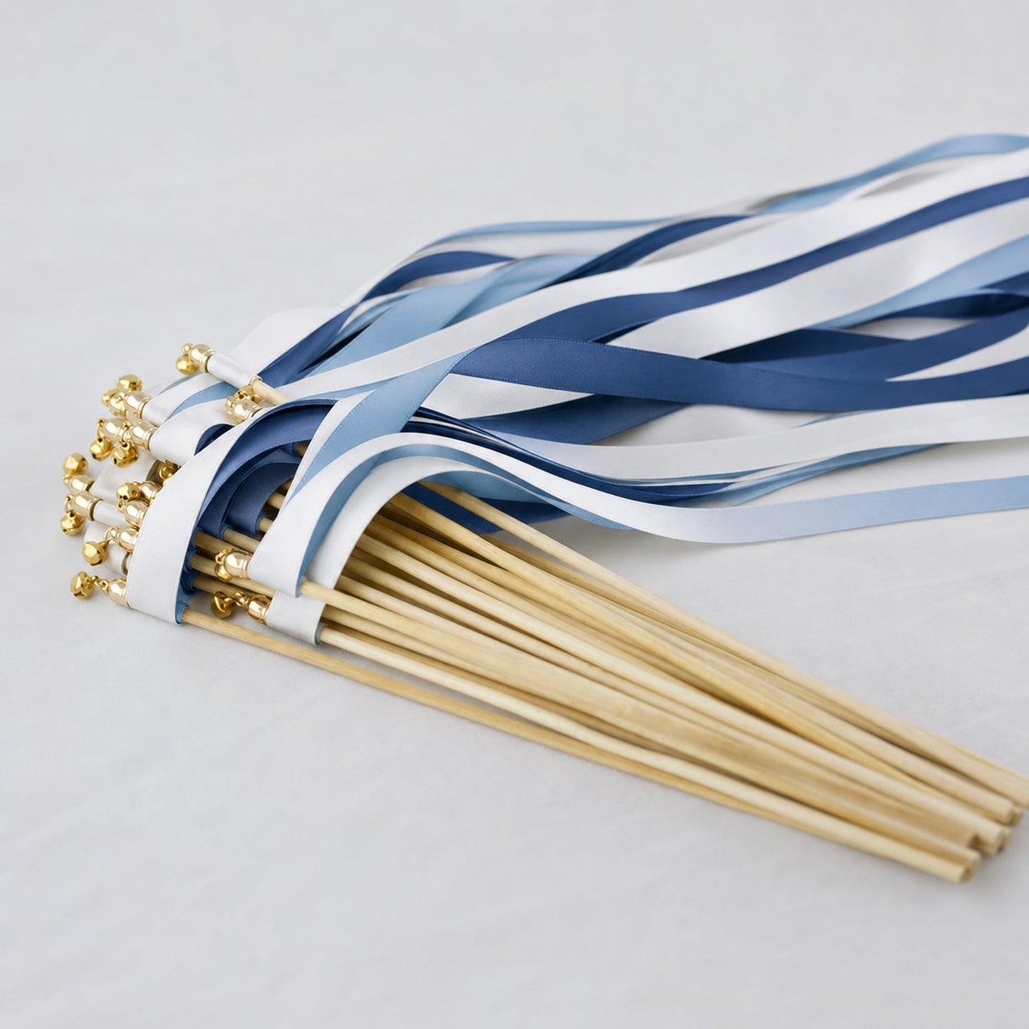 Handmade Classic Blue Estate Wedding Ribbon Wands - White, Dusty Blue and Light Navy Triple Ribbon with Bell