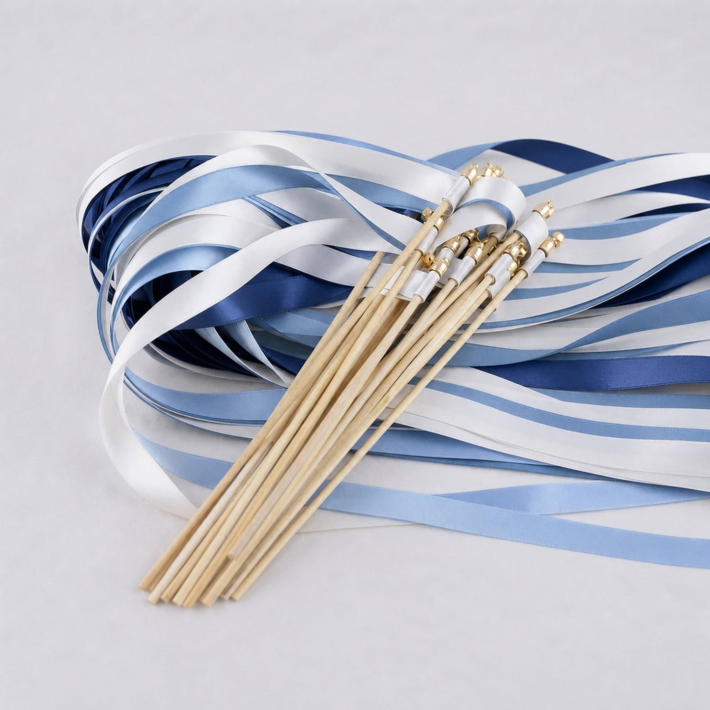 Handmade Classic Blue Estate Wedding Ribbon Wands - White, Dusty Blue and Light Navy Triple Ribbon with Bell