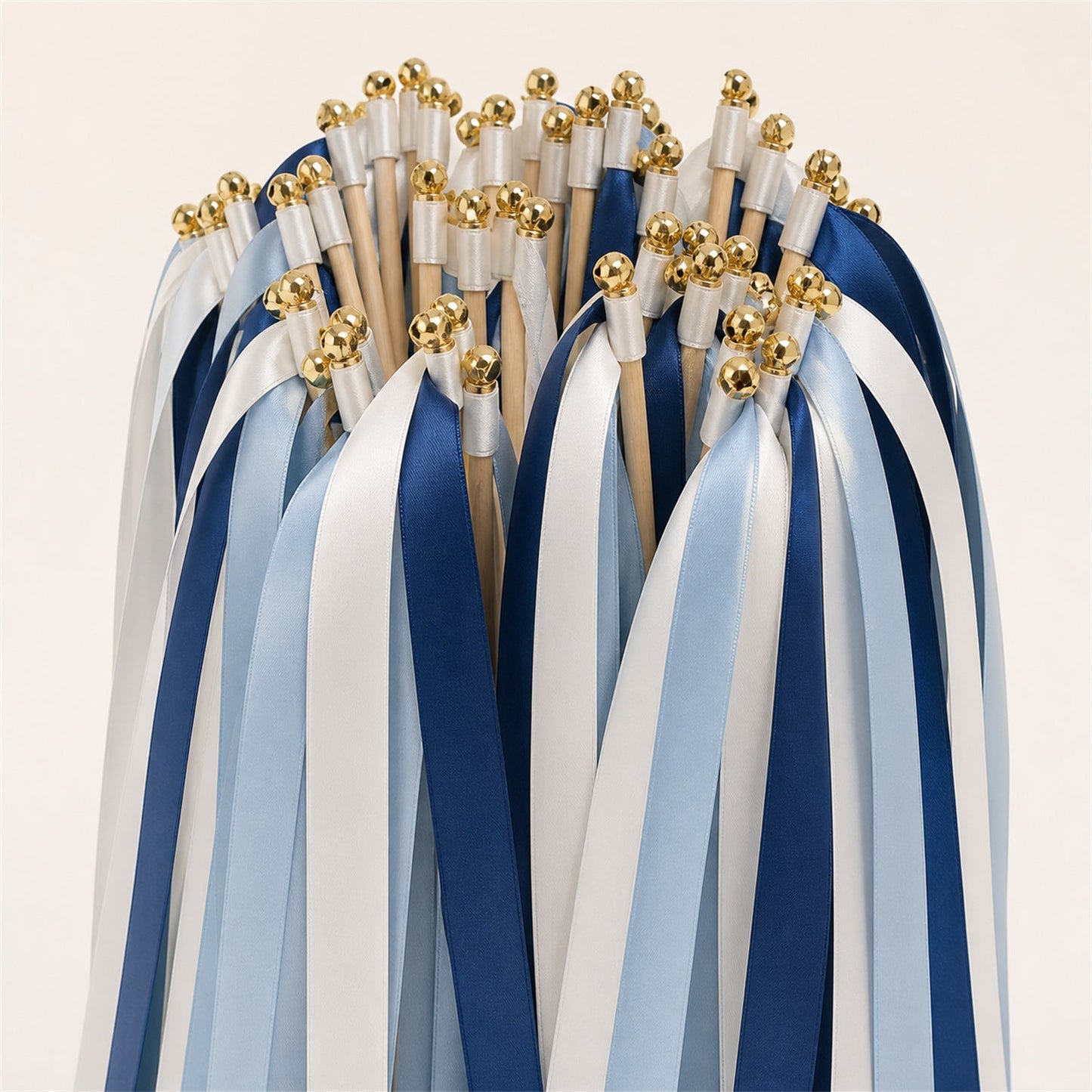 Handmade Classic Blue Estate Wedding Ribbon Wands - White, Dusty Blue and Light Navy Triple Ribbon with Bell