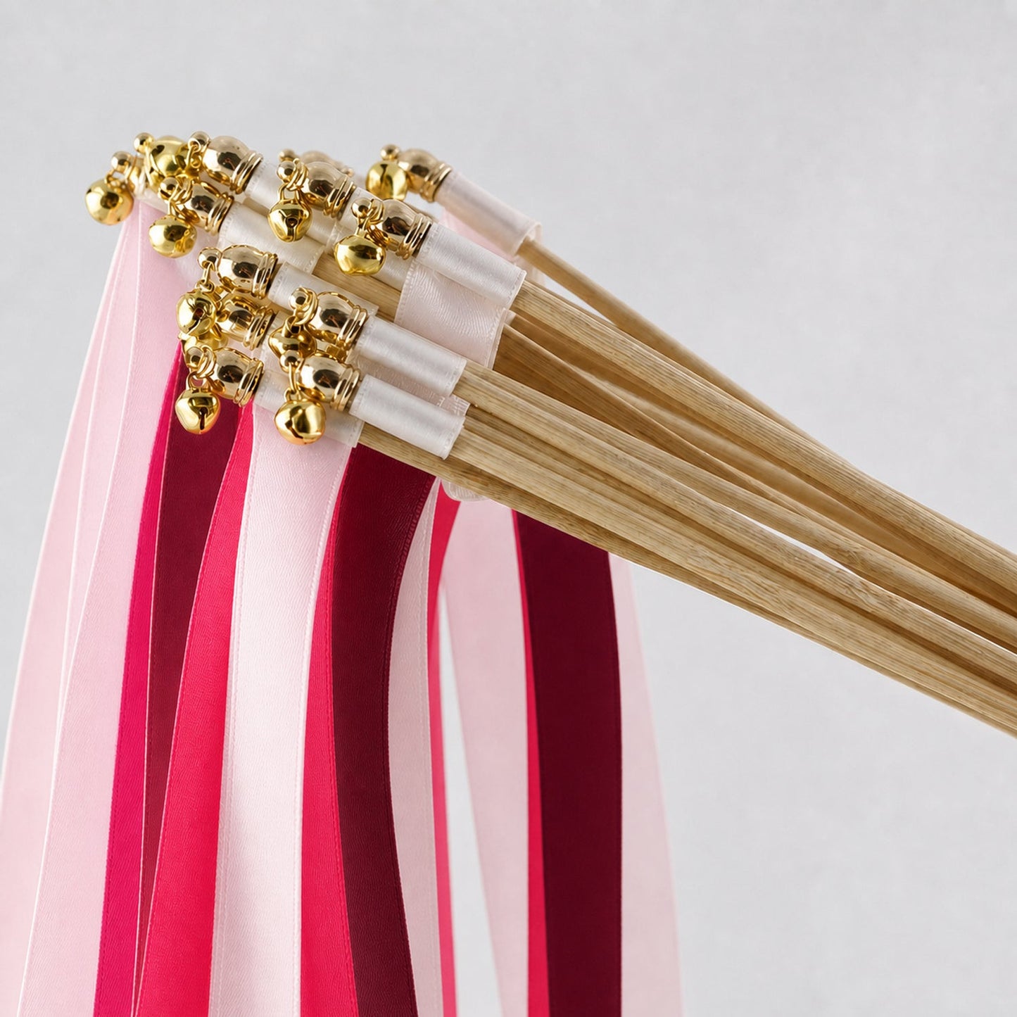 Handmade Pink Maximalist Wedding Ribbon Wands with Bell - White Rose, Fuchsia and Wine Ribbons