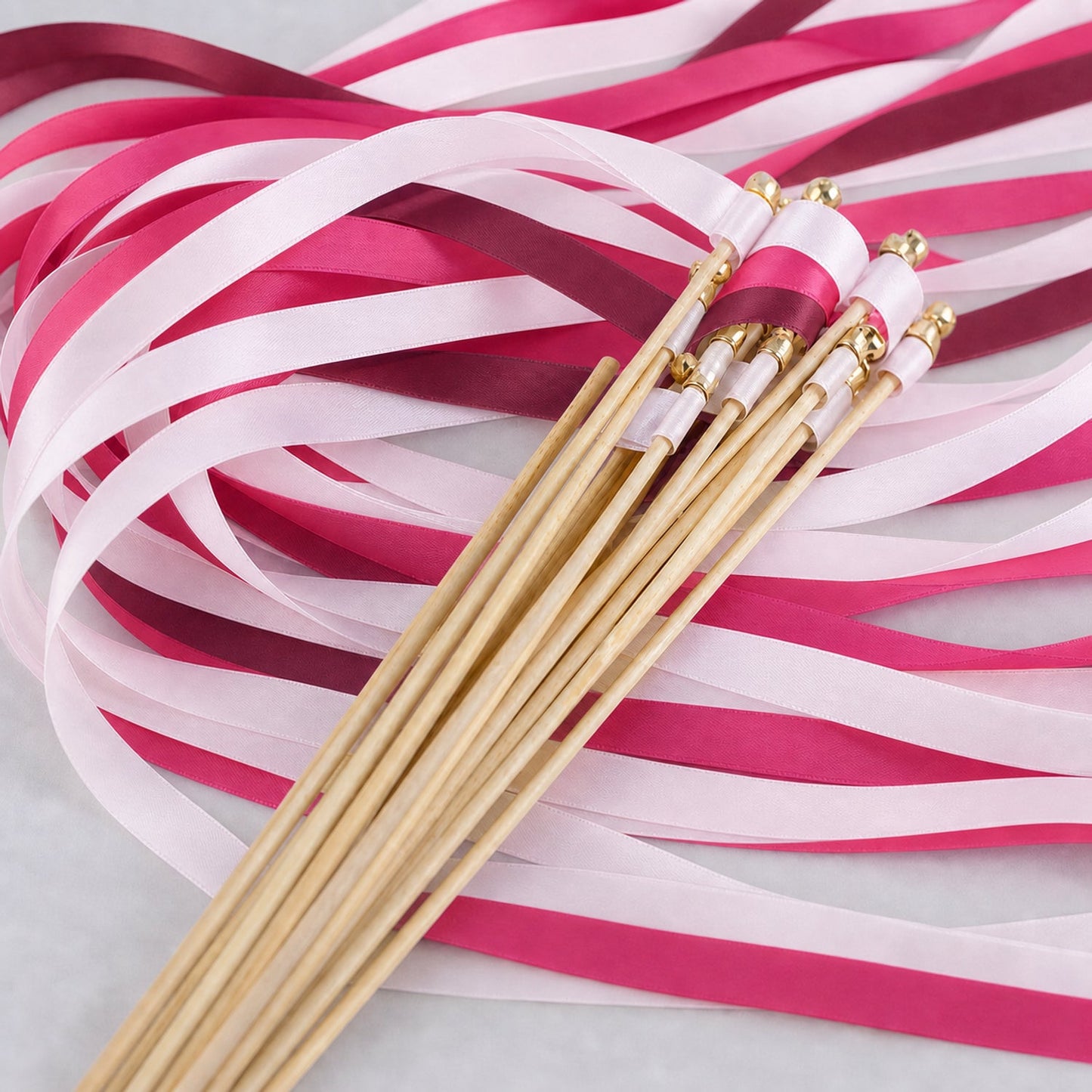 Handmade Pink Maximalist Wedding Ribbon Wands with Bell - White Rose, Fuchsia and Wine Ribbons