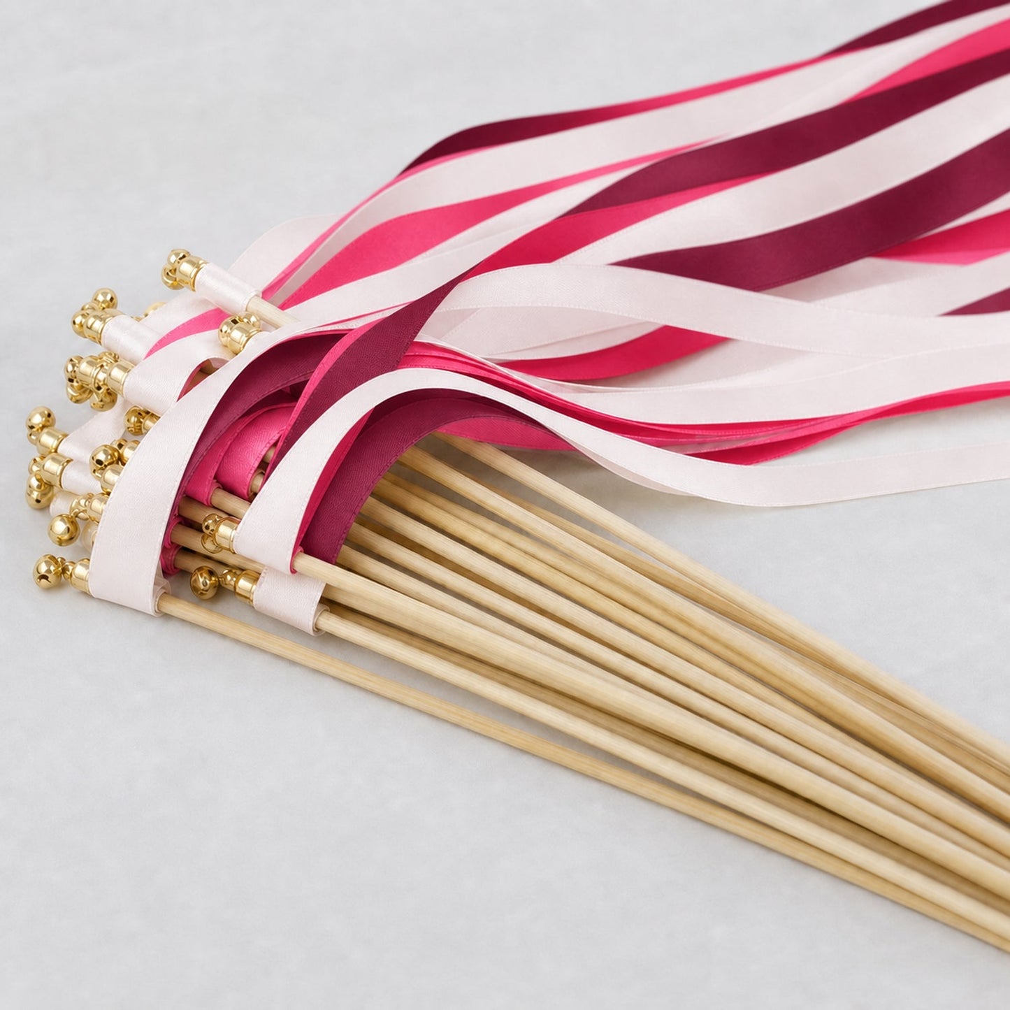 Handmade Pink Maximalist Wedding Ribbon Wands with Bell - White Rose, Fuchsia and Wine Ribbons