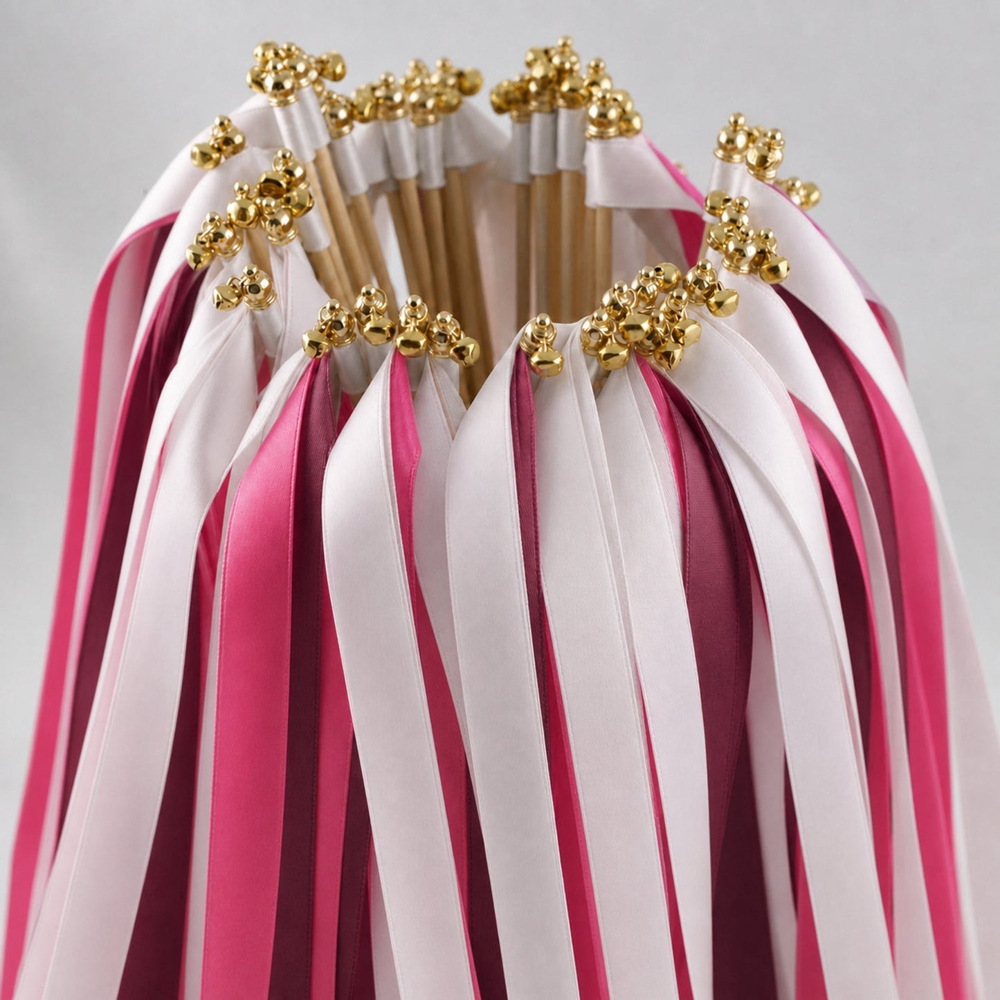 Handmade Pink Maximalist Wedding Ribbon Wands with Bell - White Rose, Fuchsia and Wine Ribbons