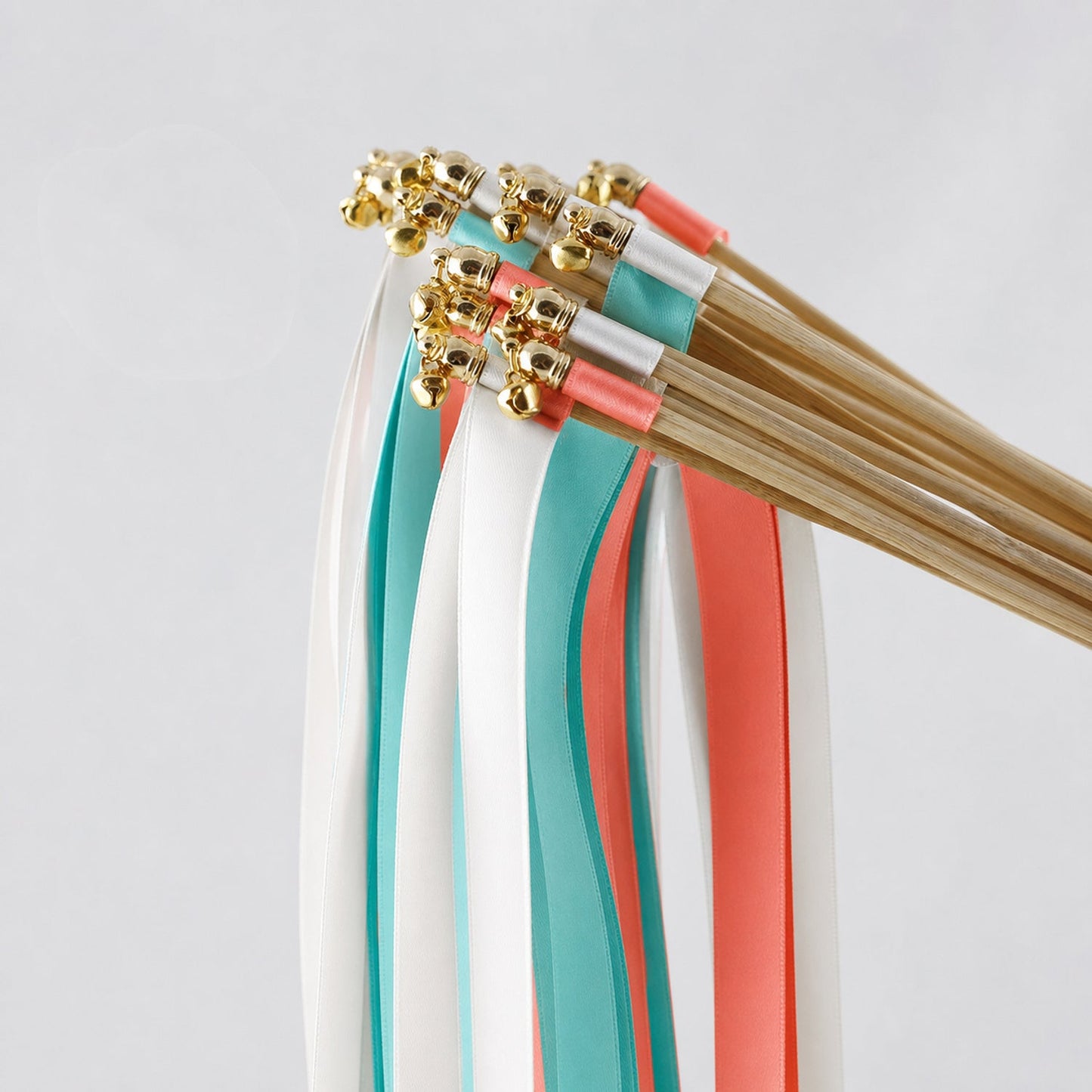 Handmade Tropical Coast Wedding Ribbon Wands - White, Turquoise Blue and Coral Triple Ribbon with Bell