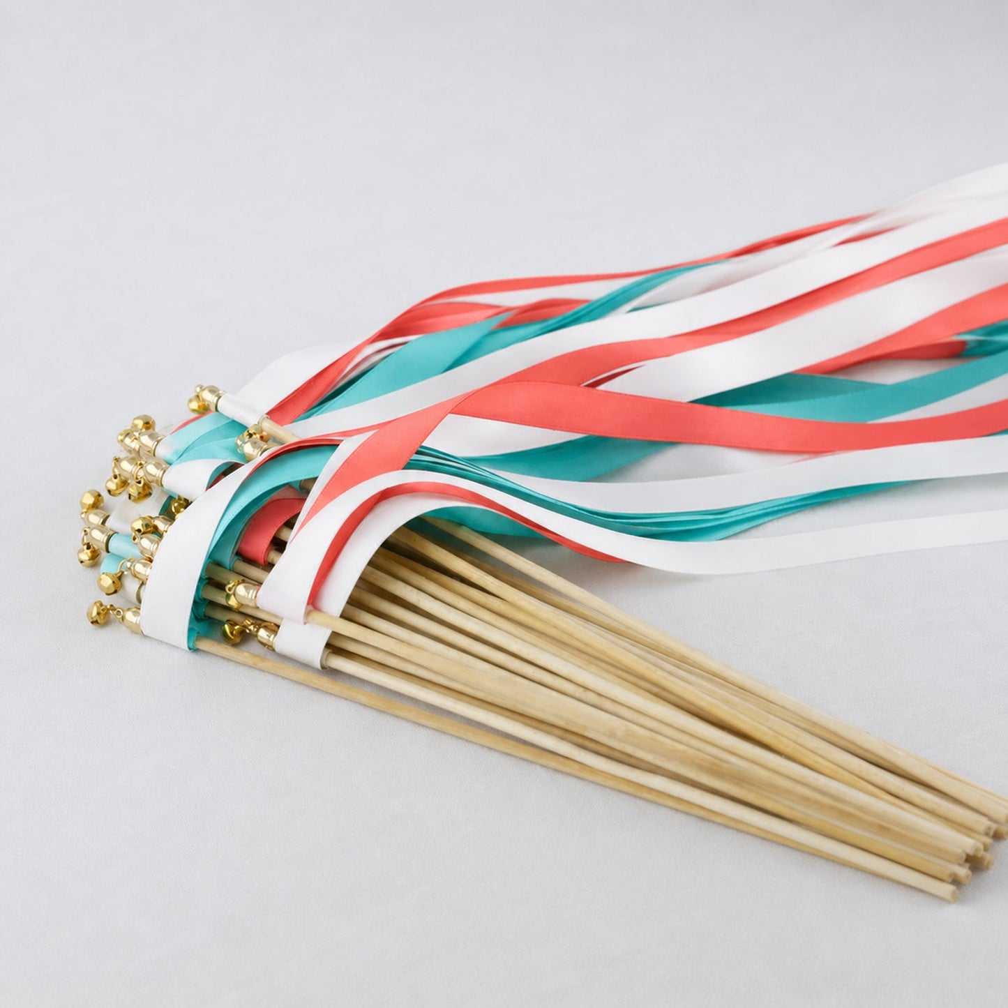 Handmade Tropical Coast Wedding Ribbon Wands - White, Turquoise Blue and Coral Triple Ribbon with Bell