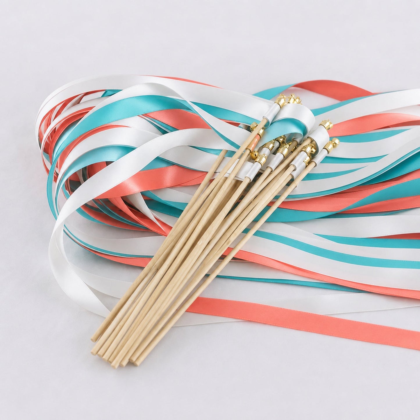 Handmade Tropical Coast Wedding Ribbon Wands - White, Turquoise Blue and Coral Triple Ribbon with Bell