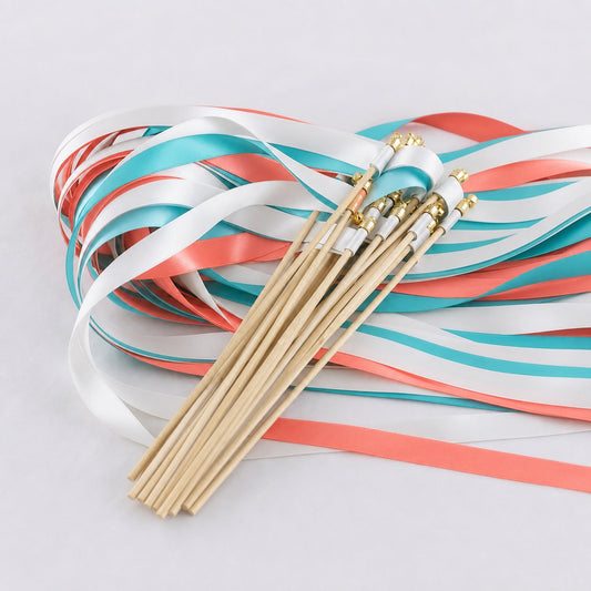 Handmade Tropical Coast Wedding Ribbon Wands - White, Turquoise Blue and Coral Triple Ribbon with Bell