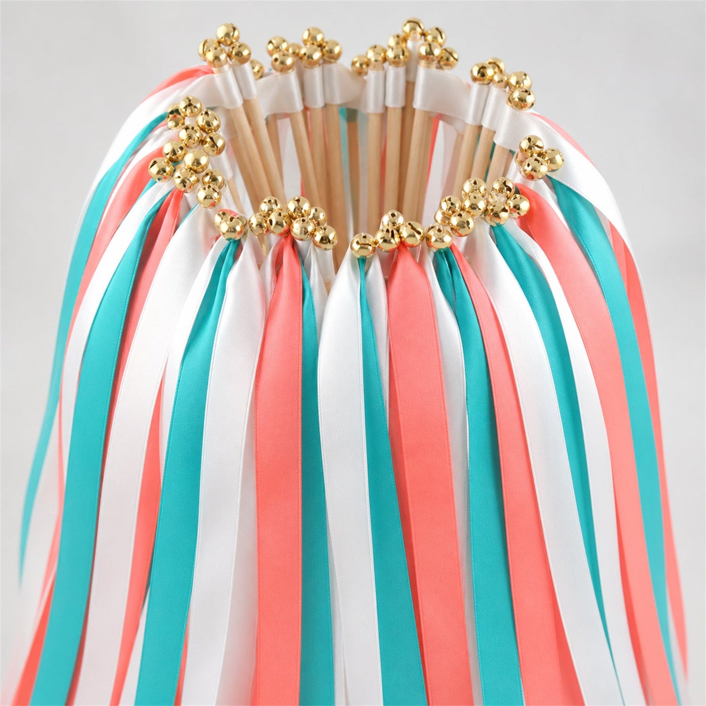 Handmade Tropical Coast Wedding Ribbon Wands - White, Turquoise Blue and Coral Triple Ribbon with Bell