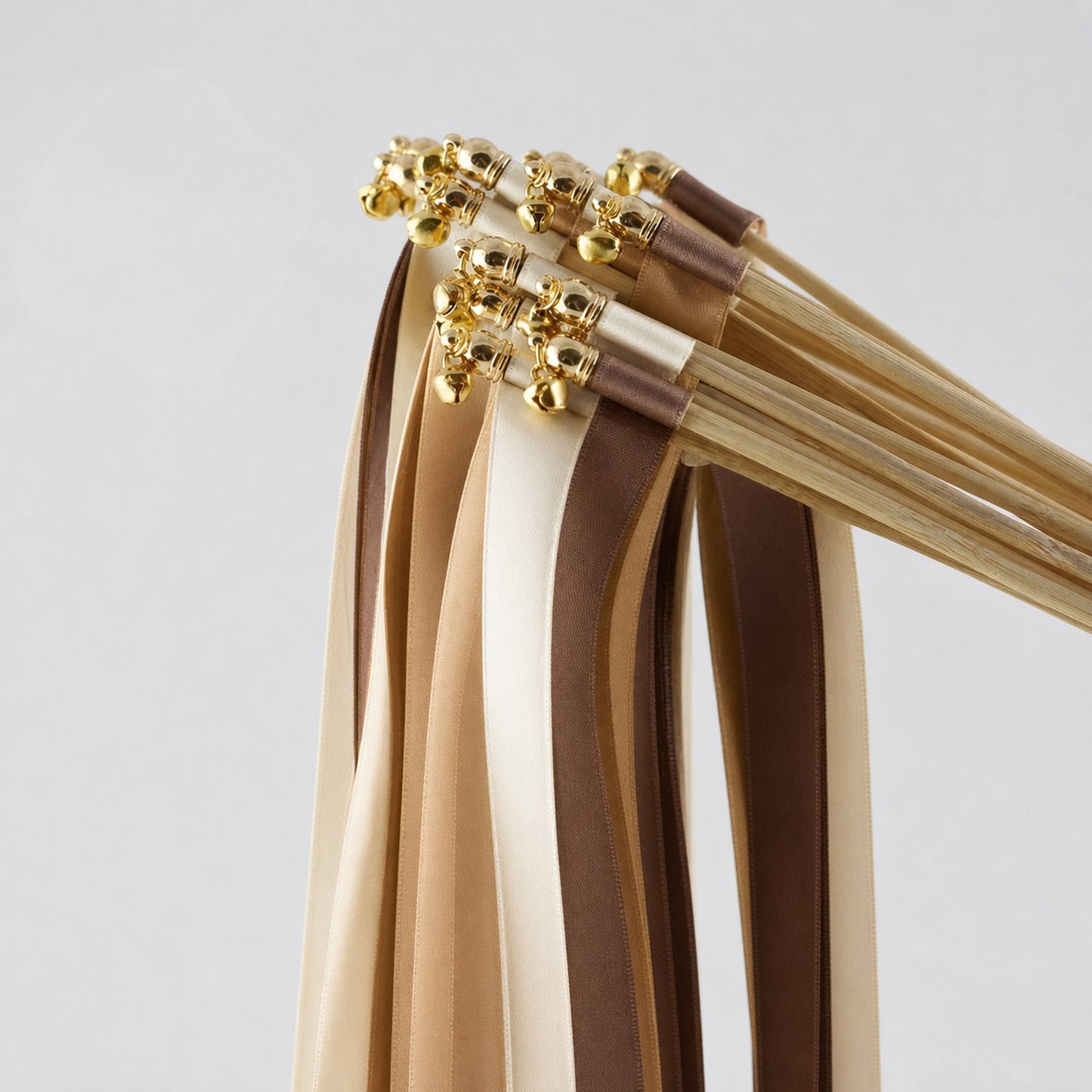 Handmade Cream, Toffee and Cocoa Wedding Exit Ribbon Wands with Bell - Rustic Caramel