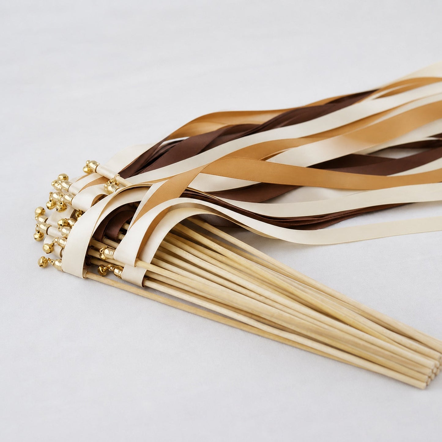 Handmade Cream, Toffee and Cocoa Wedding Exit Ribbon Wands with Bell - Rustic Caramel
