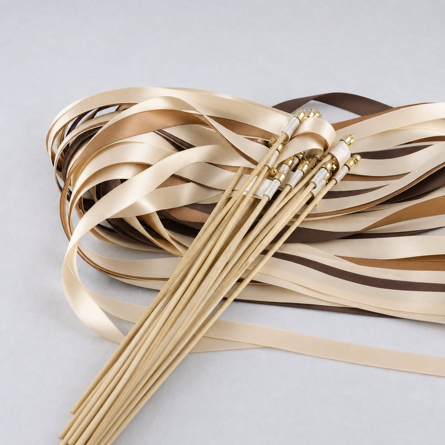 Handmade Cream, Toffee and Cocoa Wedding Exit Ribbon Wands with Bell - Rustic Caramel