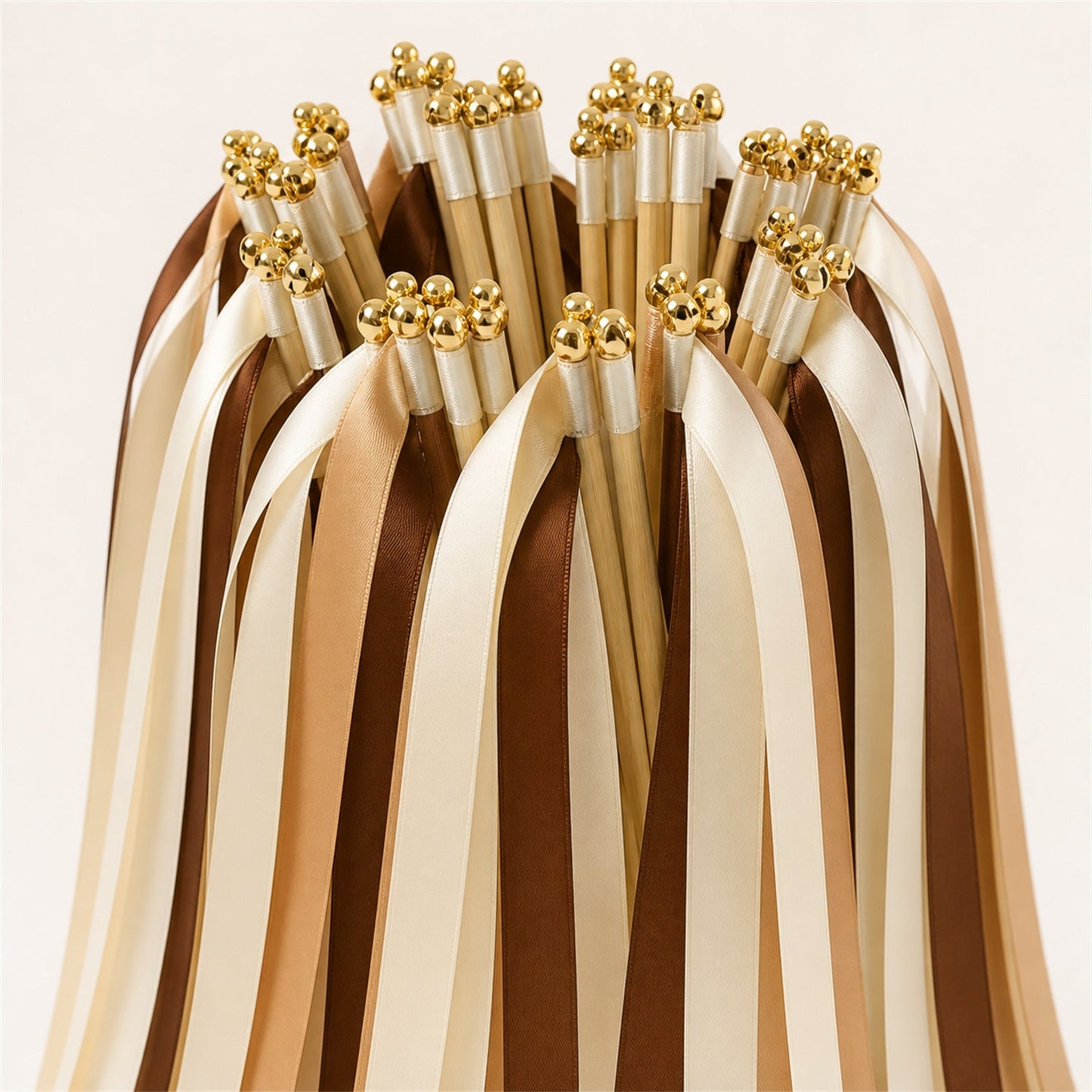 Handmade Cream, Toffee and Cocoa Wedding Exit Ribbon Wands with Bell - Rustic Caramel