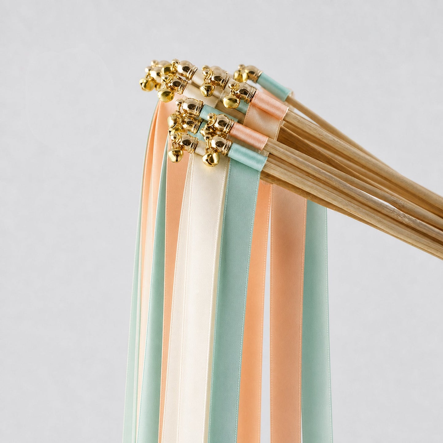 Handmade Ivory, Aqua and Light Peach Wedding Exit Ribbon Wands with Bell
