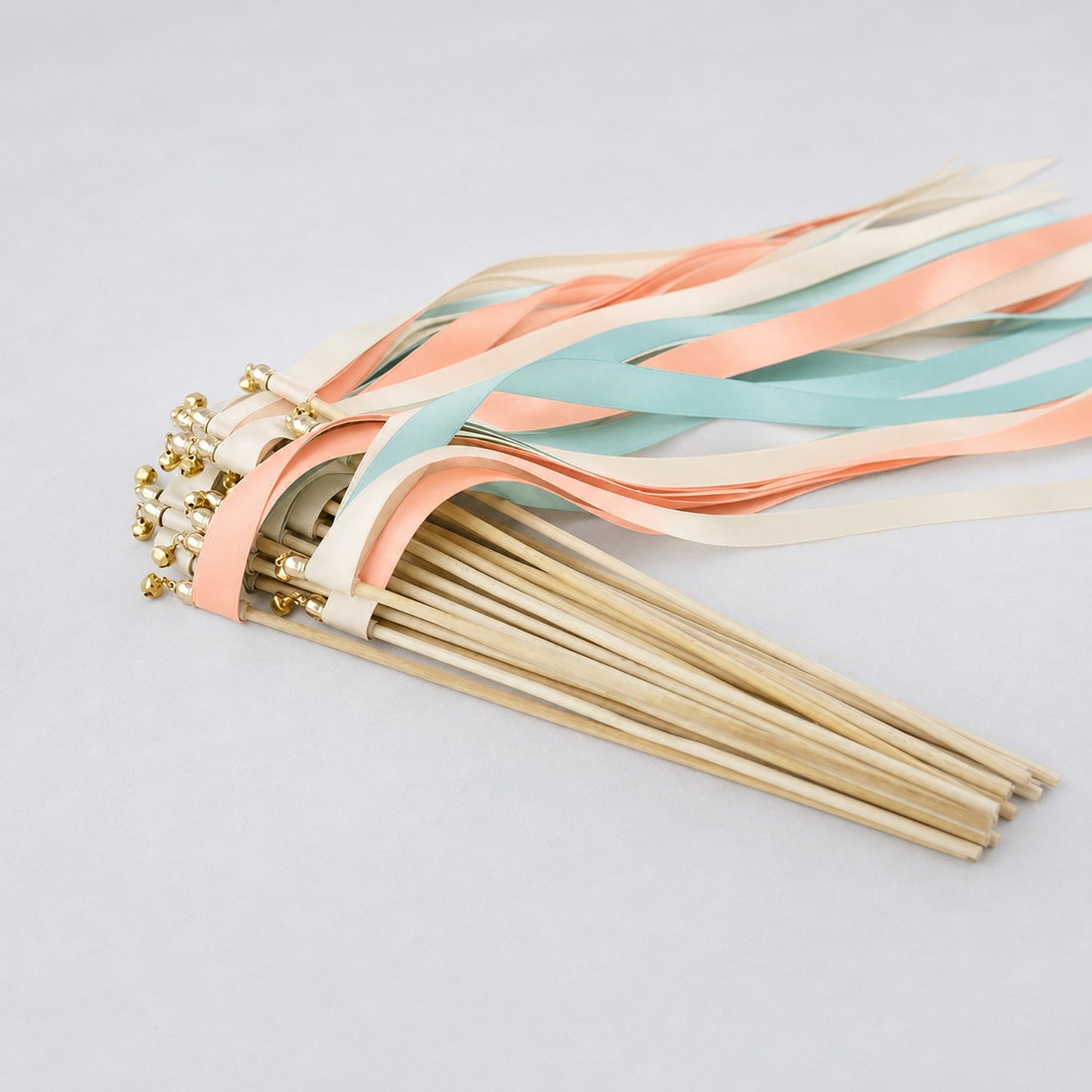 Handmade Ivory, Aqua and Light Peach Wedding Exit Ribbon Wands with Bell