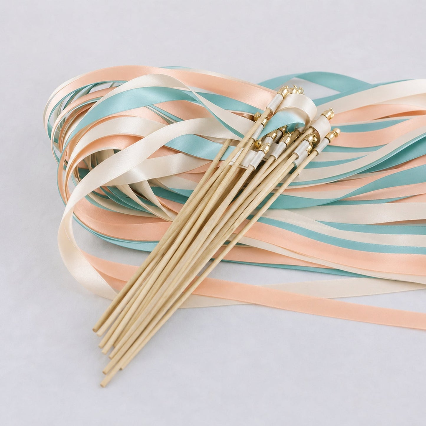 Handmade Ivory, Aqua and Light Peach Wedding Exit Ribbon Wands with Bell