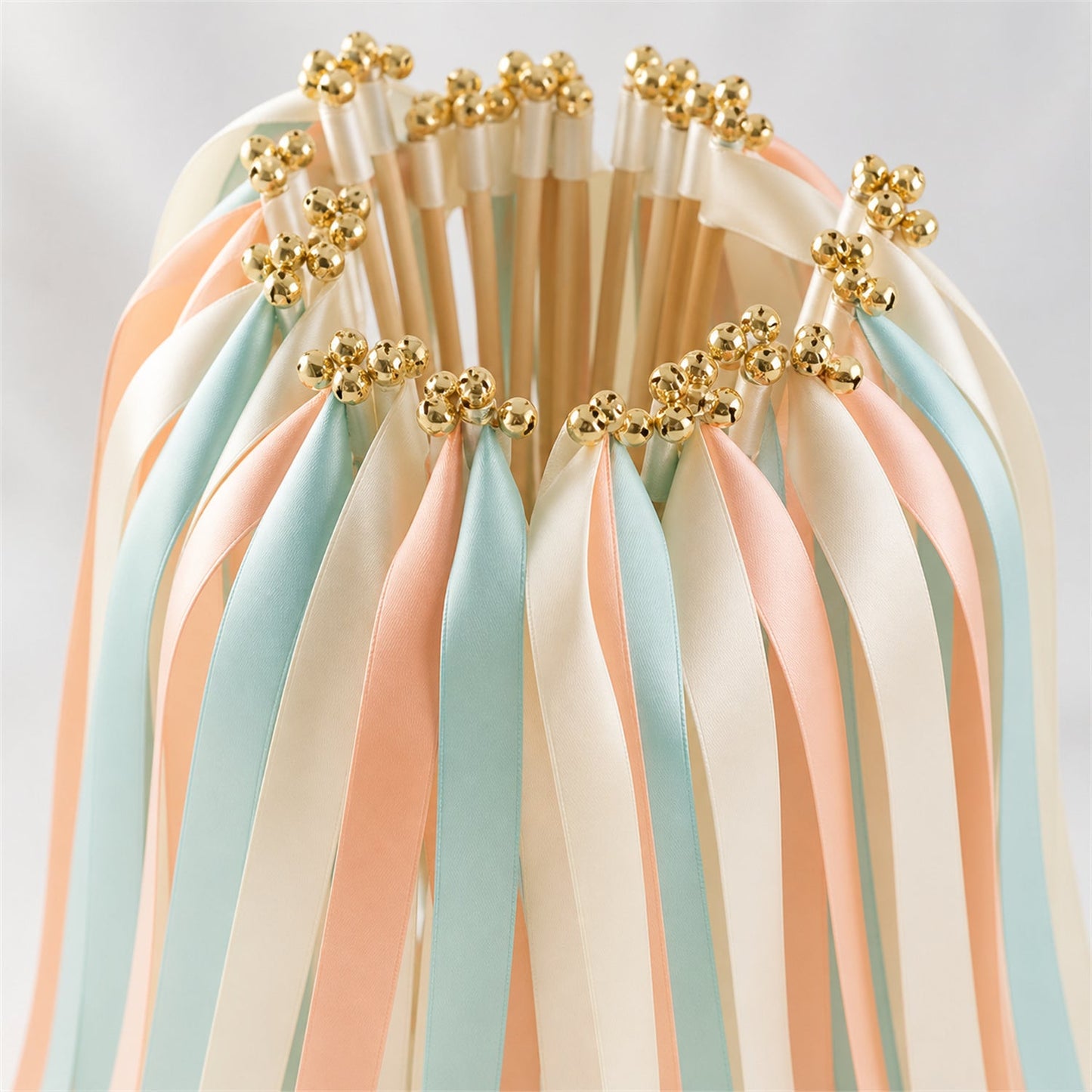 Handmade Ivory, Aqua and Light Peach Wedding Exit Ribbon Wands with Bell