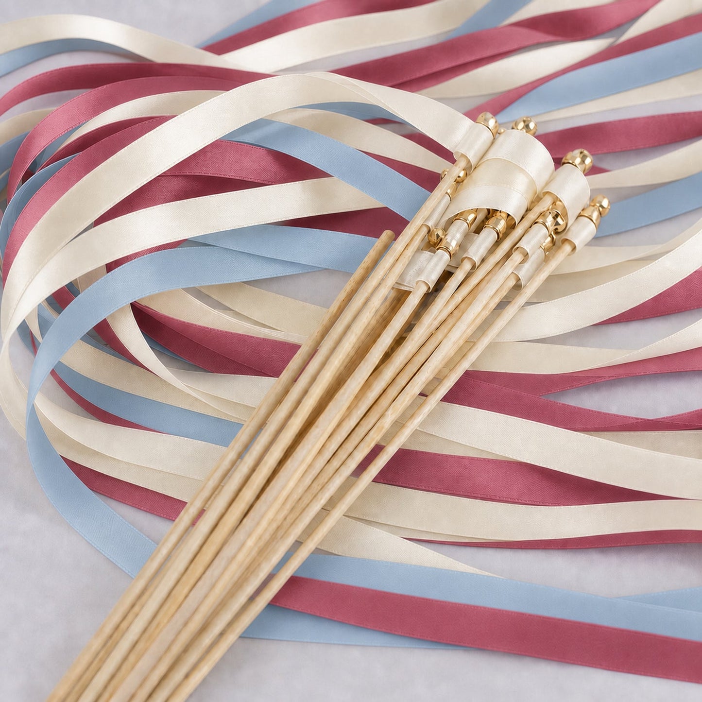 Handmade Dusty Blue Rosewood Wedding Ribbon Wands with Bell - Off White Satin Ribbons