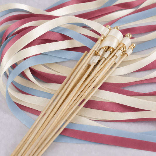 Handmade Dusty Blue Rosewood Wedding Ribbon Wands with Bell - Off White Satin Ribbons
