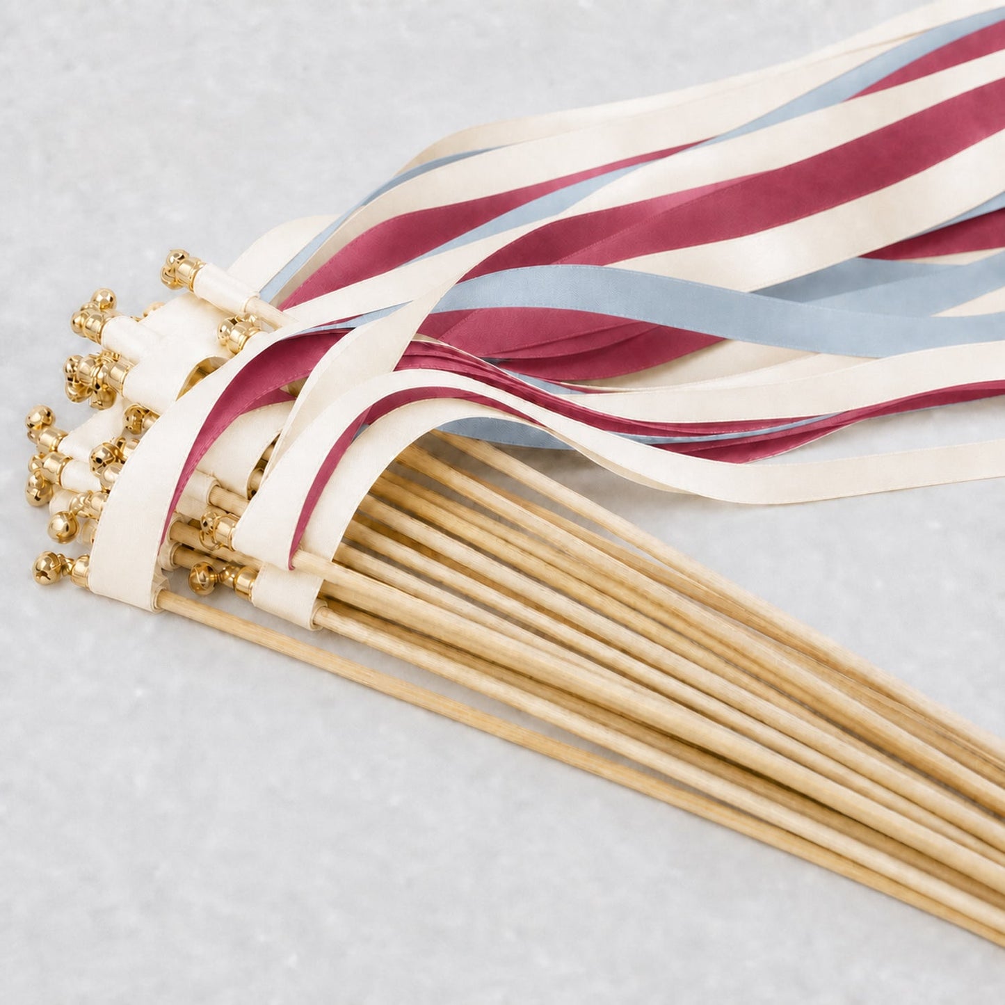 Handmade Dusty Blue Rosewood Wedding Ribbon Wands with Bell - Off White Satin Ribbons