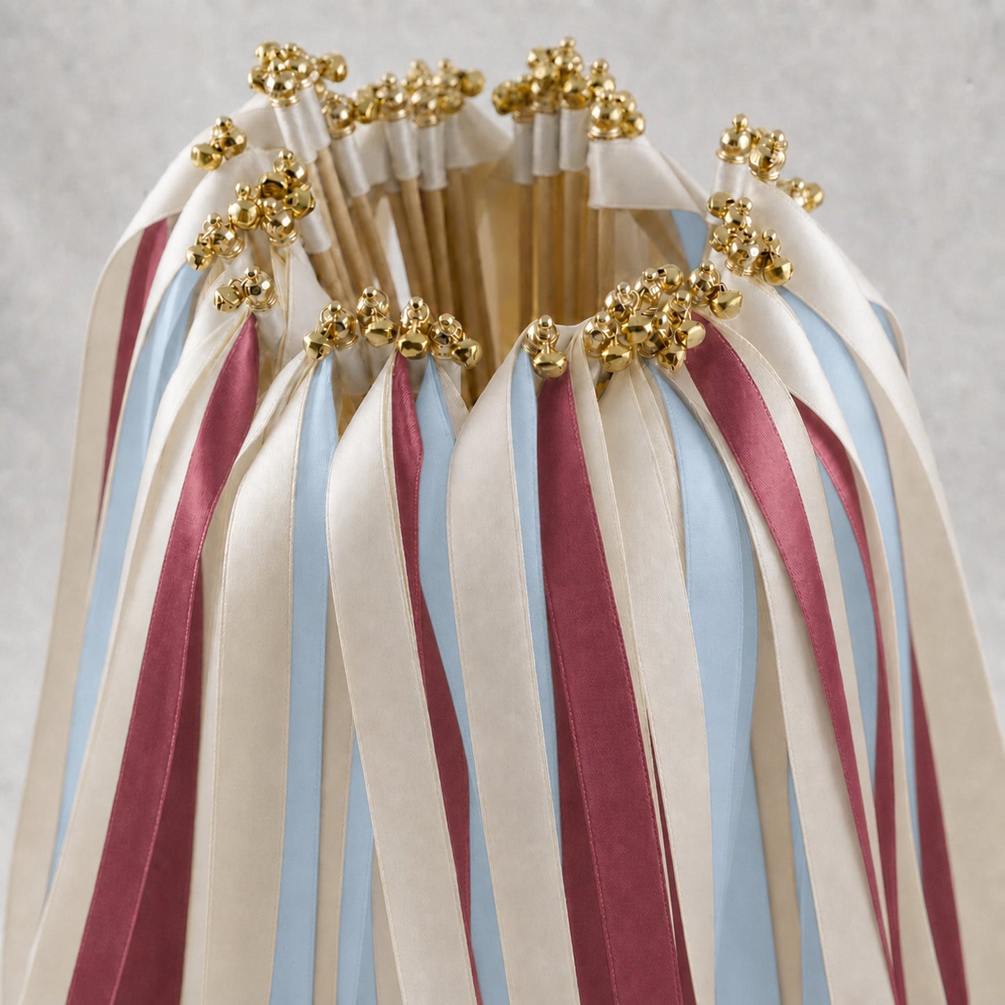 Handmade Dusty Blue Rosewood Wedding Ribbon Wands with Bell - Off White Satin Ribbons