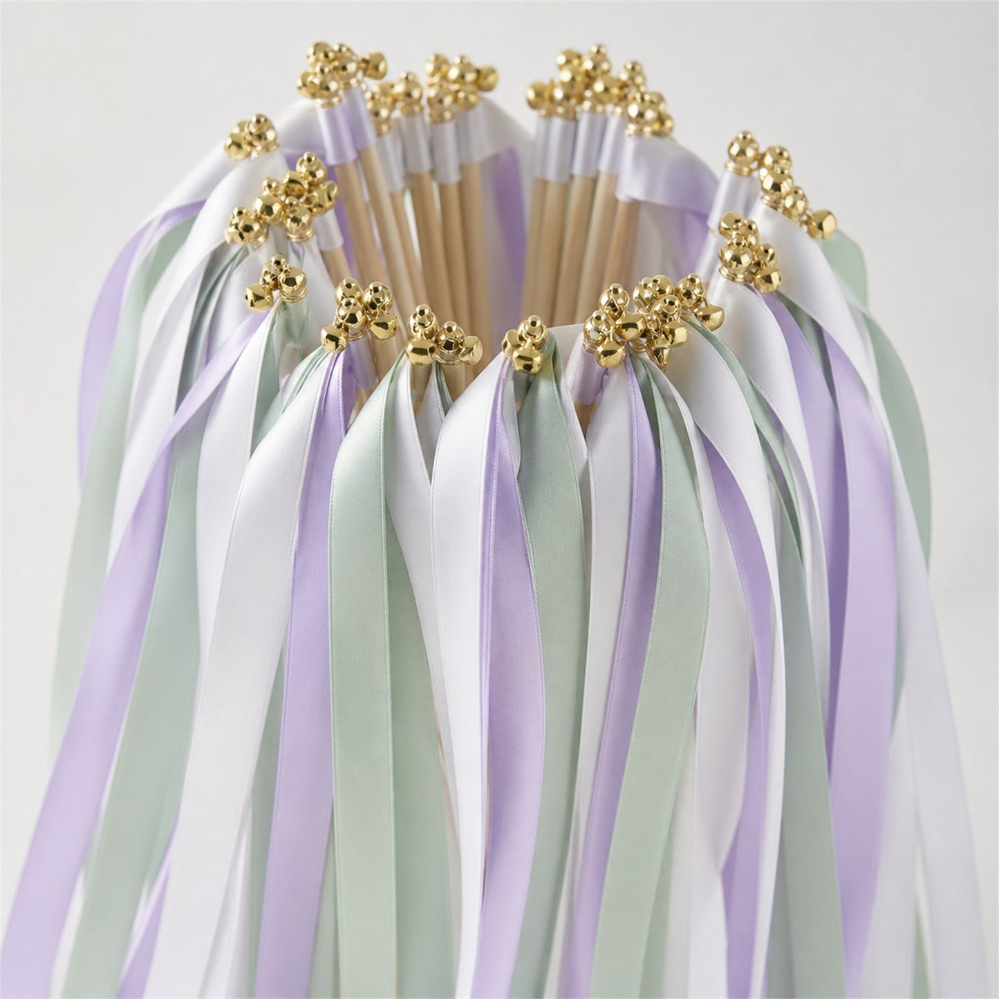 Handmade White, Lilac and Celadon Wedding Ribbon Wands with Bell - Pastel Botanical