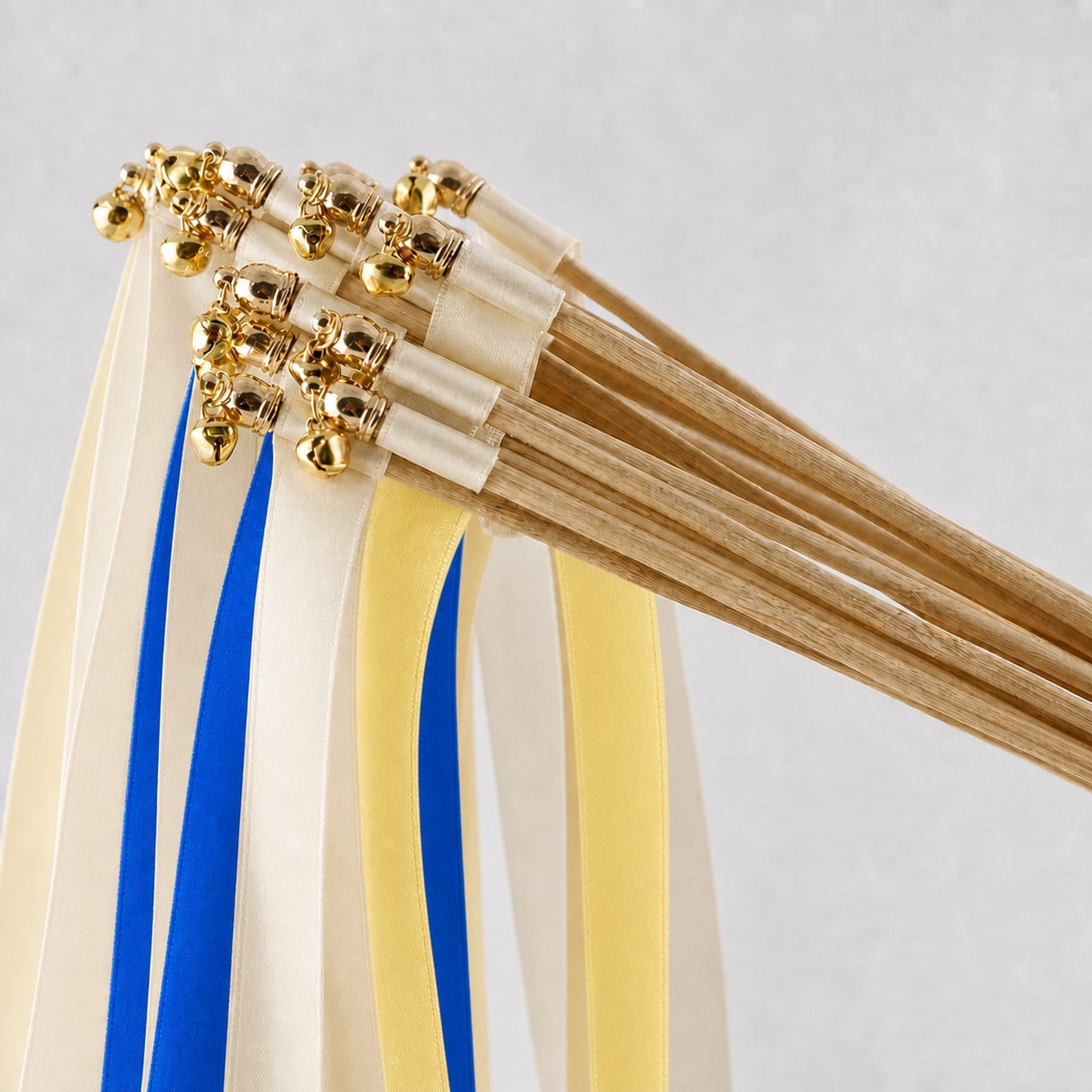 Handmade Mediterranean Wedding Ribbon Wands - Ivory, Cobalt and Baby Maize with Gold Bell