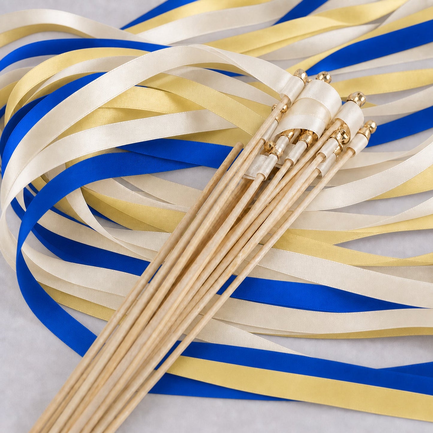 Handmade Mediterranean Wedding Ribbon Wands - Ivory, Cobalt and Baby Maize with Gold Bell