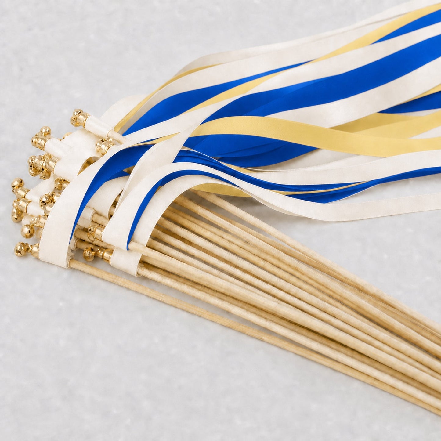 Handmade Mediterranean Wedding Ribbon Wands - Ivory, Cobalt and Baby Maize with Gold Bell