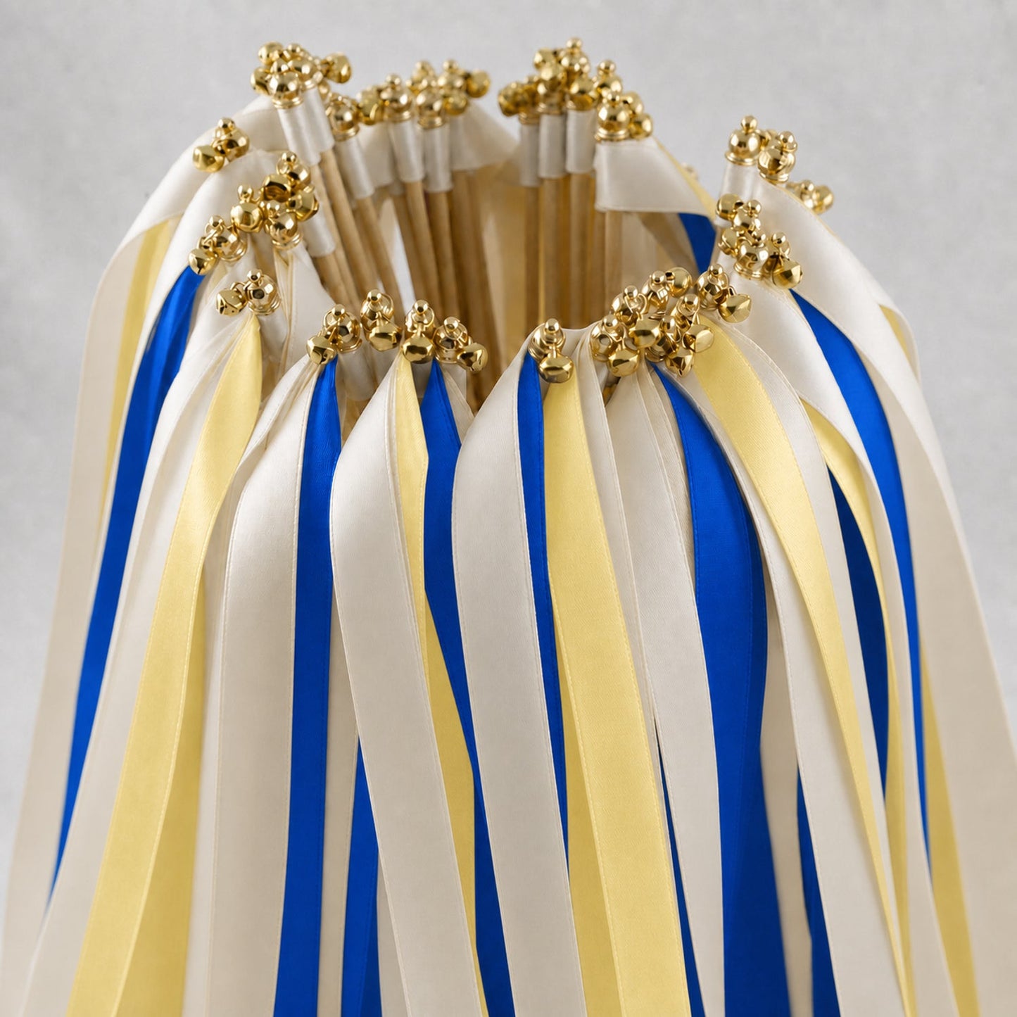 Handmade Mediterranean Wedding Ribbon Wands - Ivory, Cobalt and Baby Maize with Gold Bell