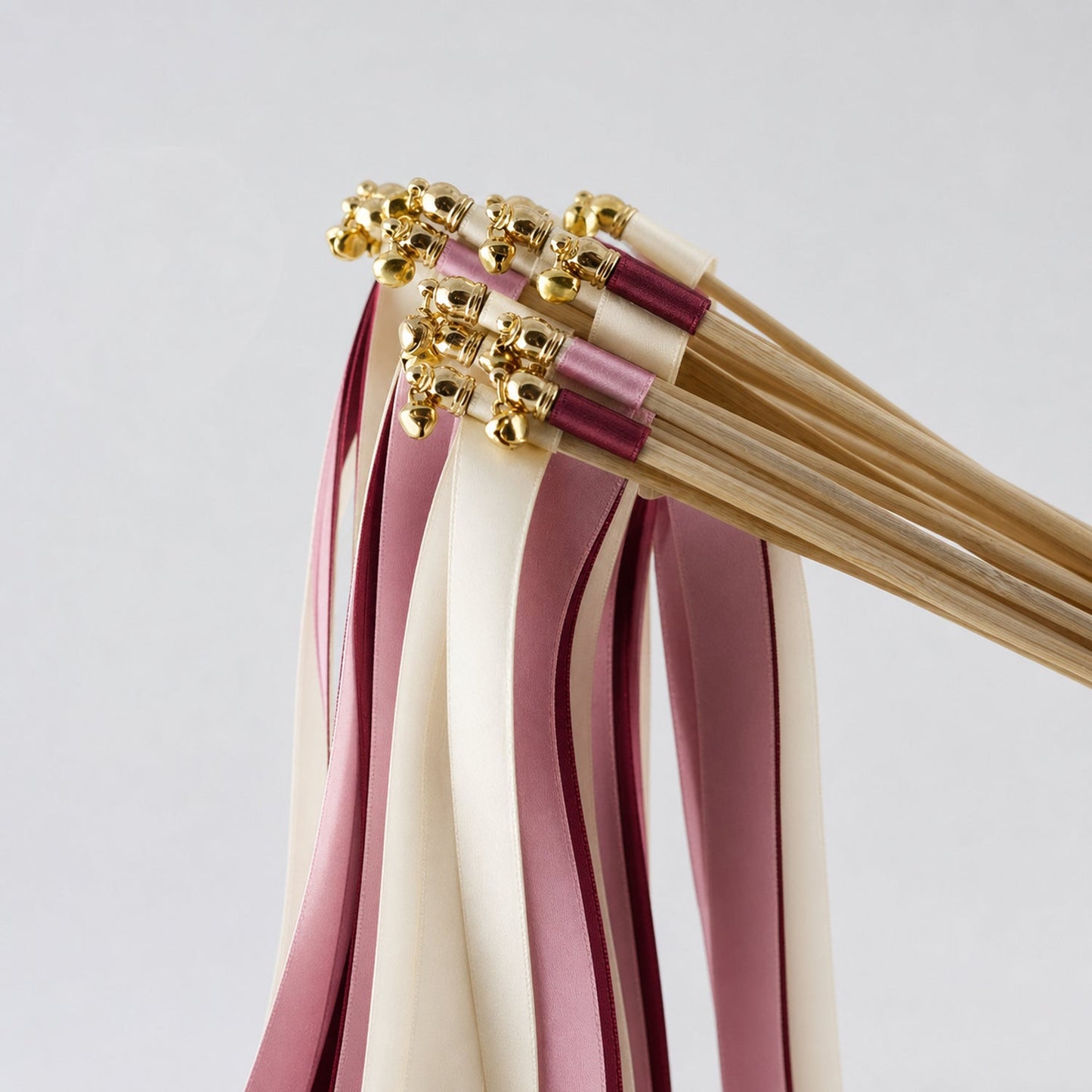 Handmade Vineyard Romance Wedding Ribbon Wands with Bell - Ivory, Rosy Mauve and Burgundy