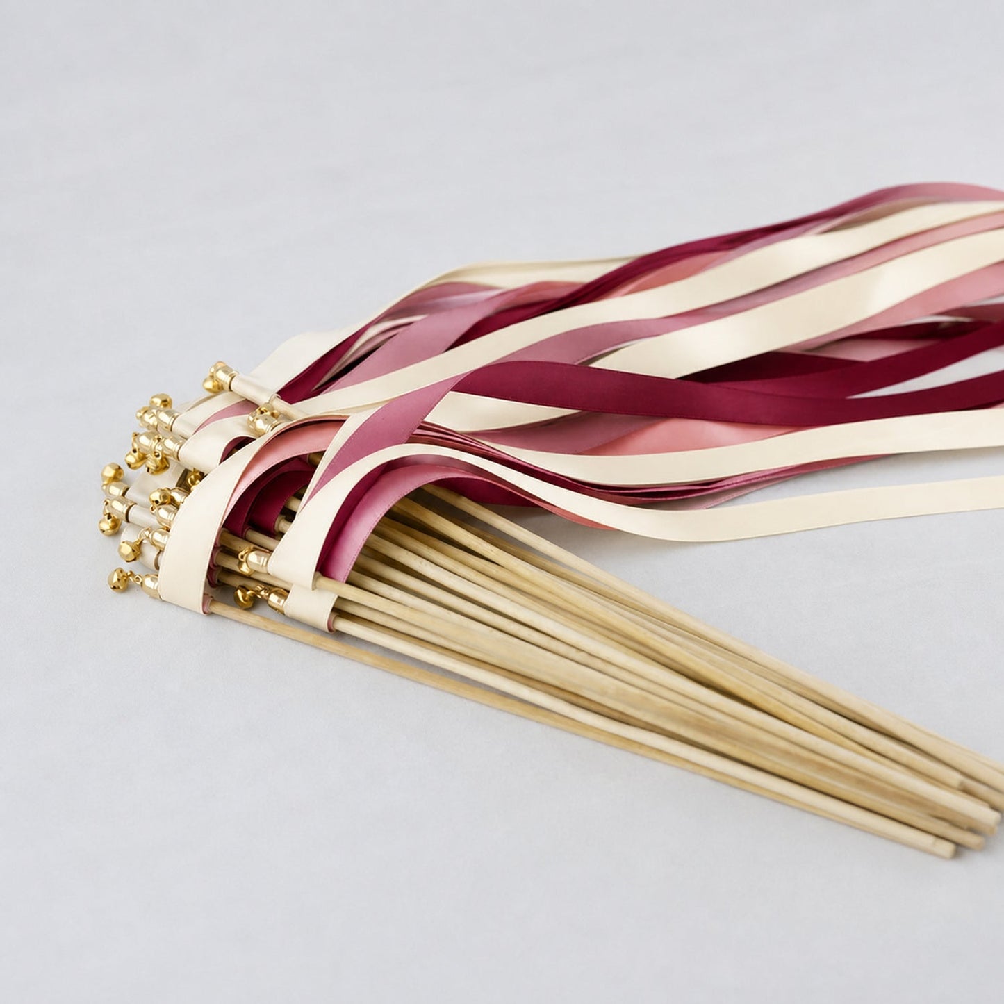 Handmade Vineyard Romance Wedding Ribbon Wands with Bell - Ivory, Rosy Mauve and Burgundy