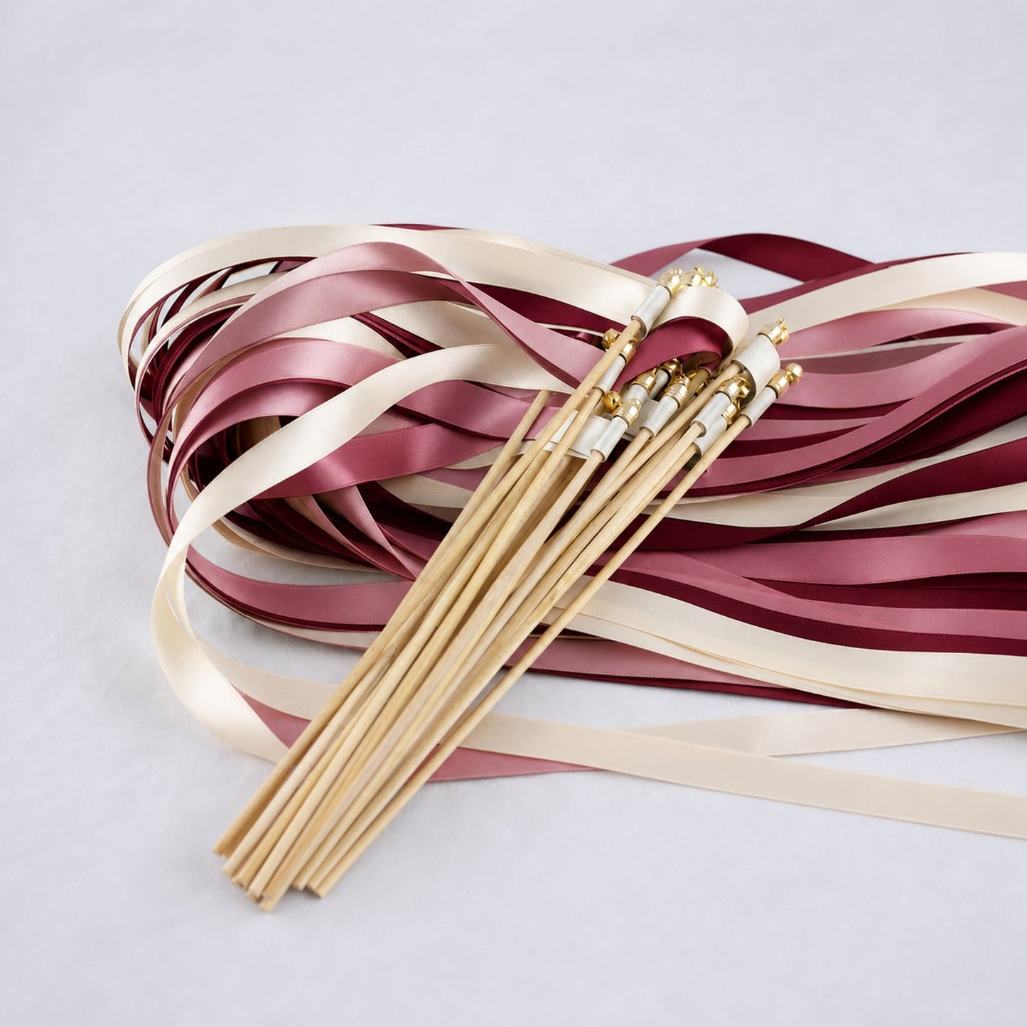 Handmade Vineyard Romance Wedding Ribbon Wands with Bell - Ivory, Rosy Mauve and Burgundy