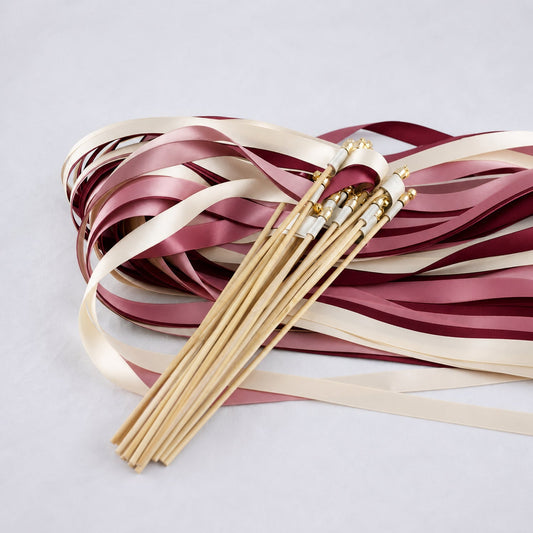 Handmade Vineyard Romance Wedding Ribbon Wands with Bell - Ivory, Rosy Mauve and Burgundy