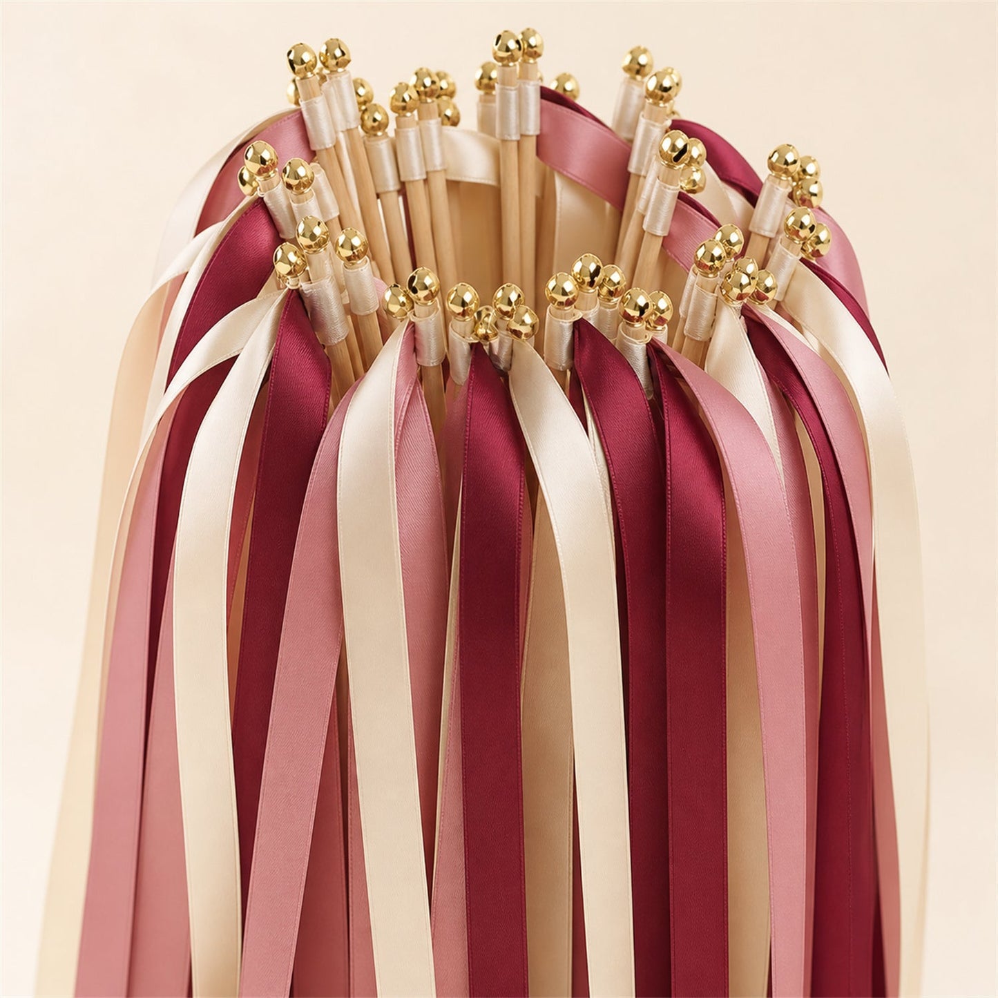 Handmade Vineyard Romance Wedding Ribbon Wands with Bell - Ivory, Rosy Mauve and Burgundy