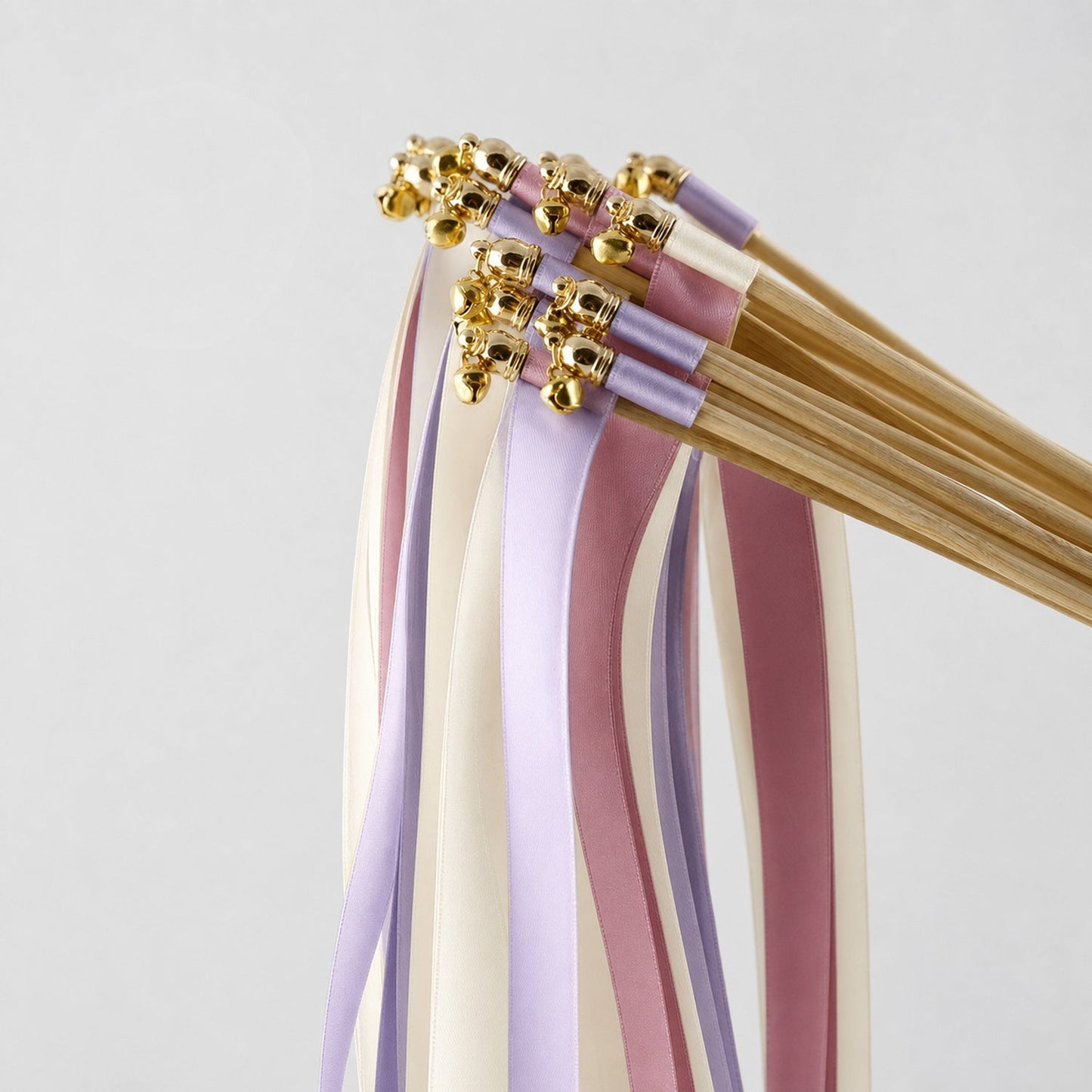 Handmade Wisteria Romance Wedding Ribbon Wands - Ivory, Wisteria and Rosy Mauve Triple Ribbon with Bell